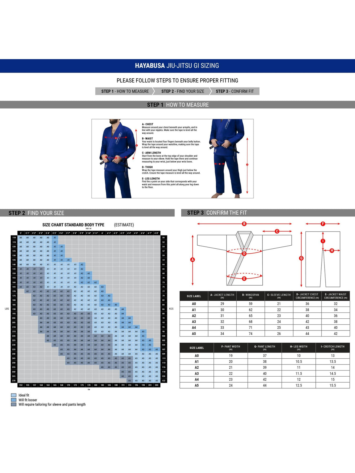 Hayabusa Essential Gold Weave Jiu-Jitsu Gi, size chart