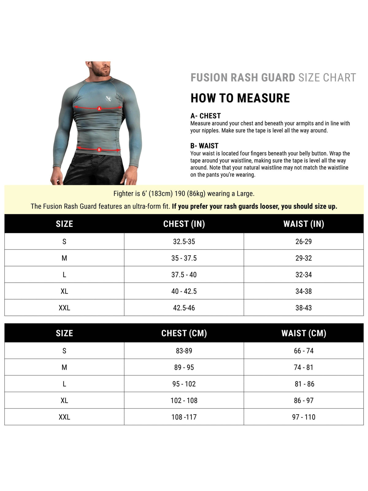 Hayabusa Fusion Long Sleeve Rash Guard, size chart