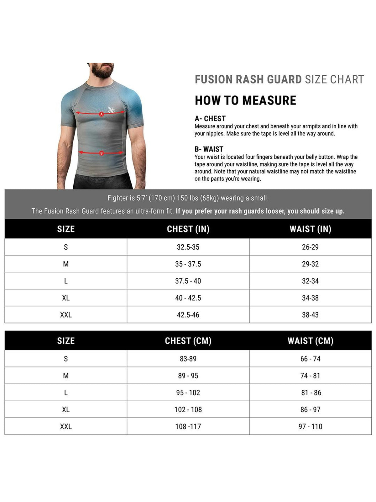 Hayabusa Fusion Short Sleeve Rash Guard, size chart