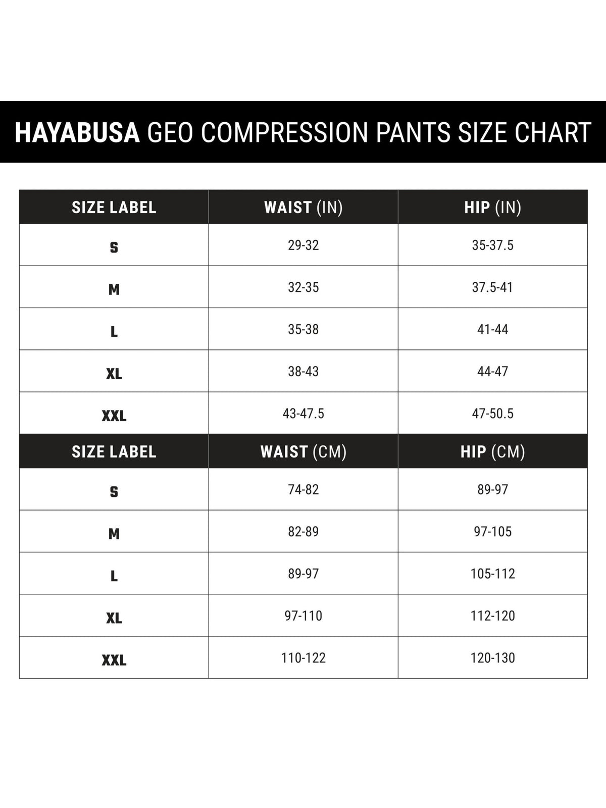 Hayabusa Geo Jiu-Jitsu Spats, size chart