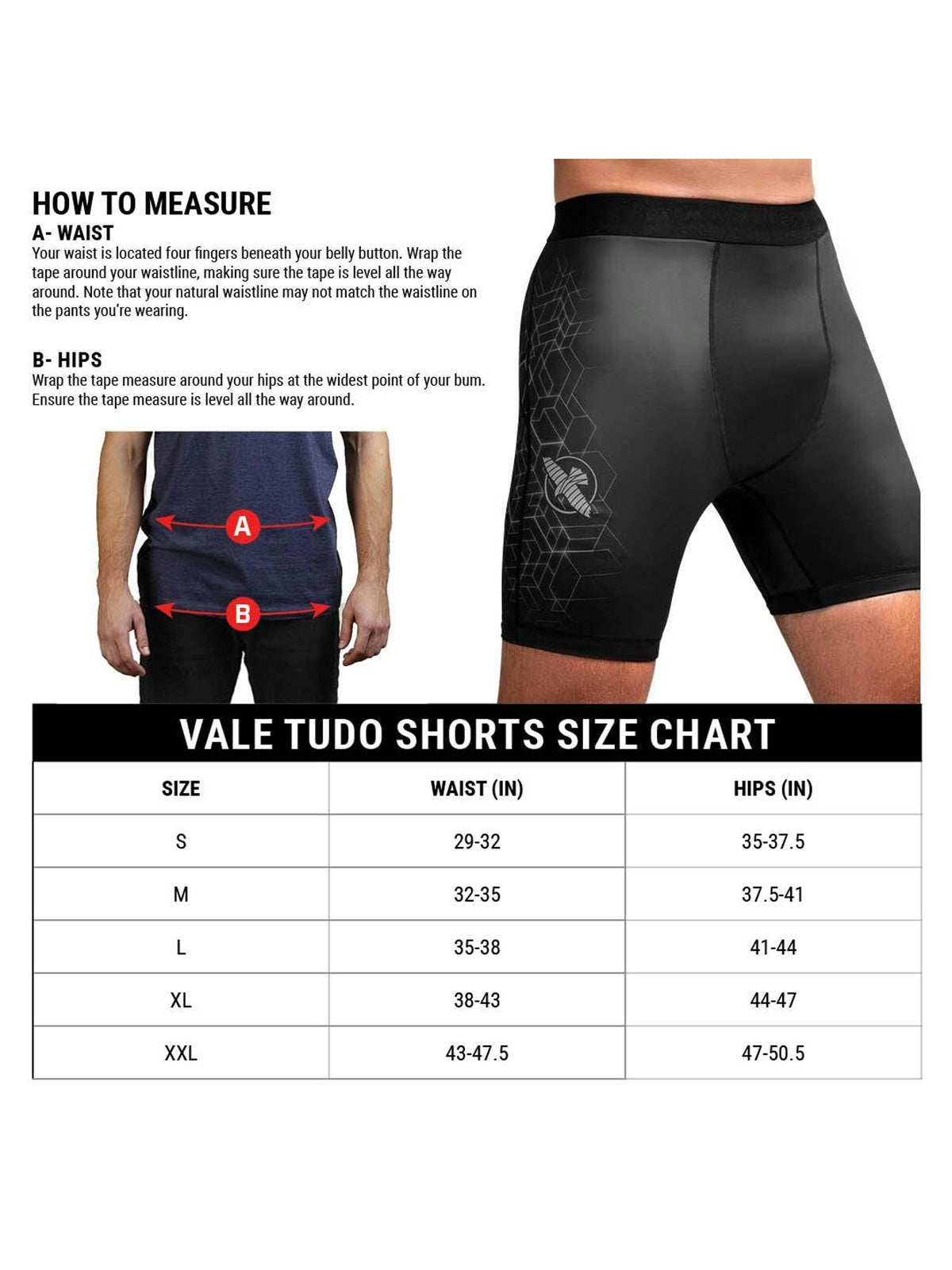 Hayabusa Geo Vale Tudo Shorts, size chart