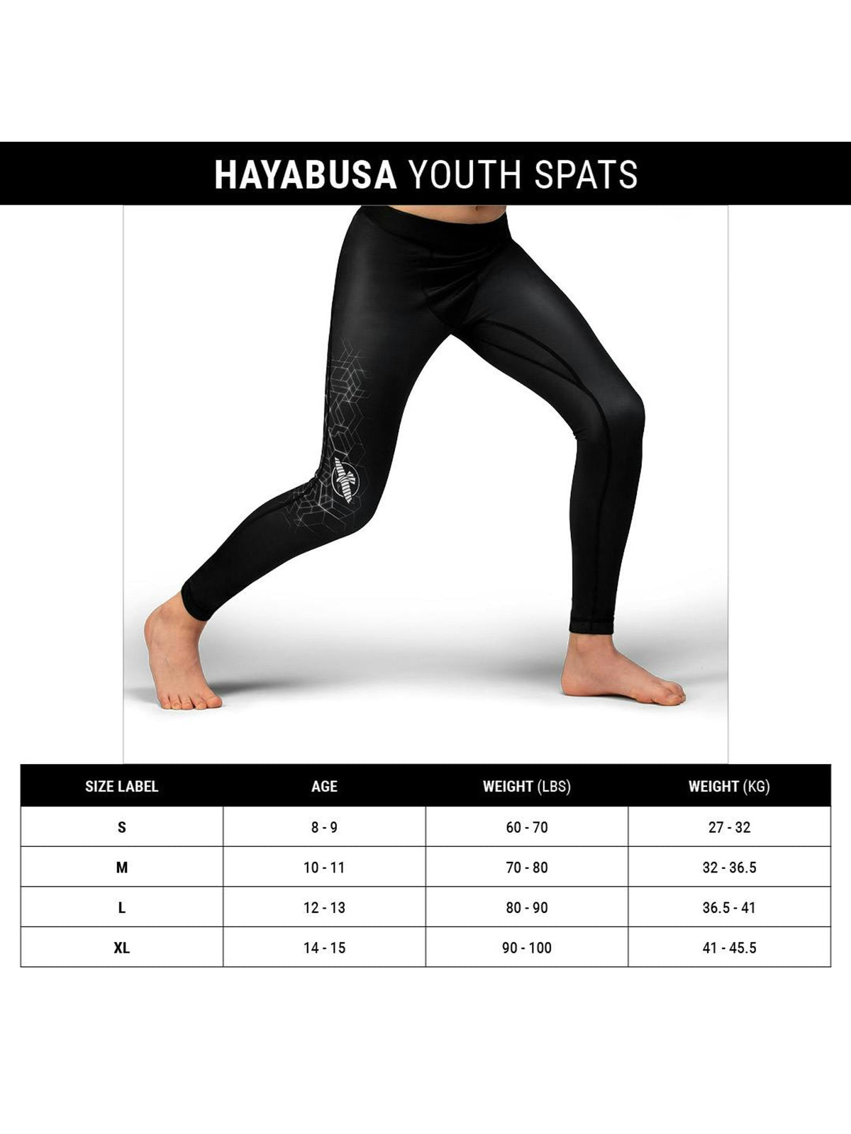 Hayabusa Geo Youth Jiu-Jitsu Spats, size chart