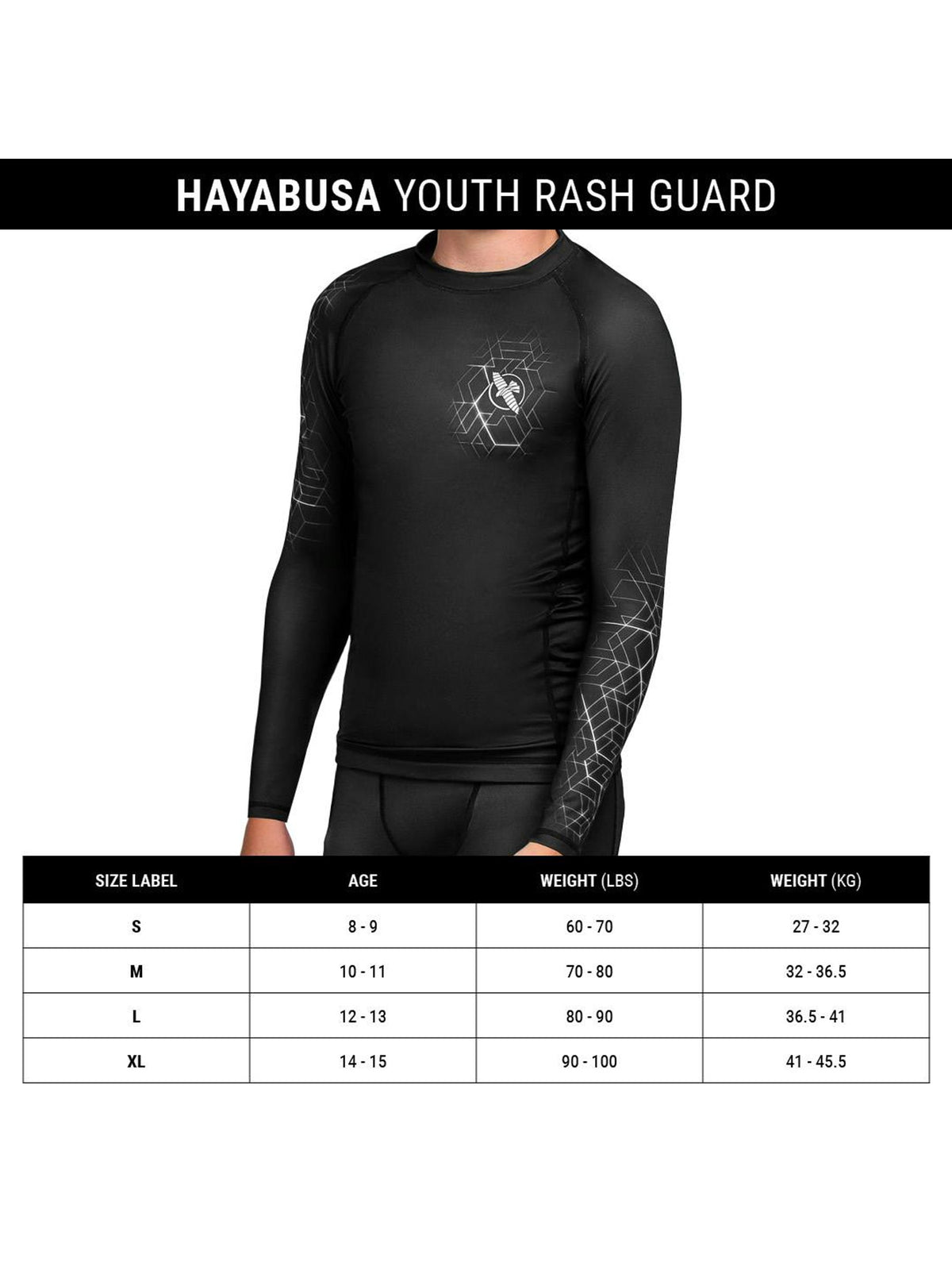 Hayabusa Geo Youth Rash Guard, size chart