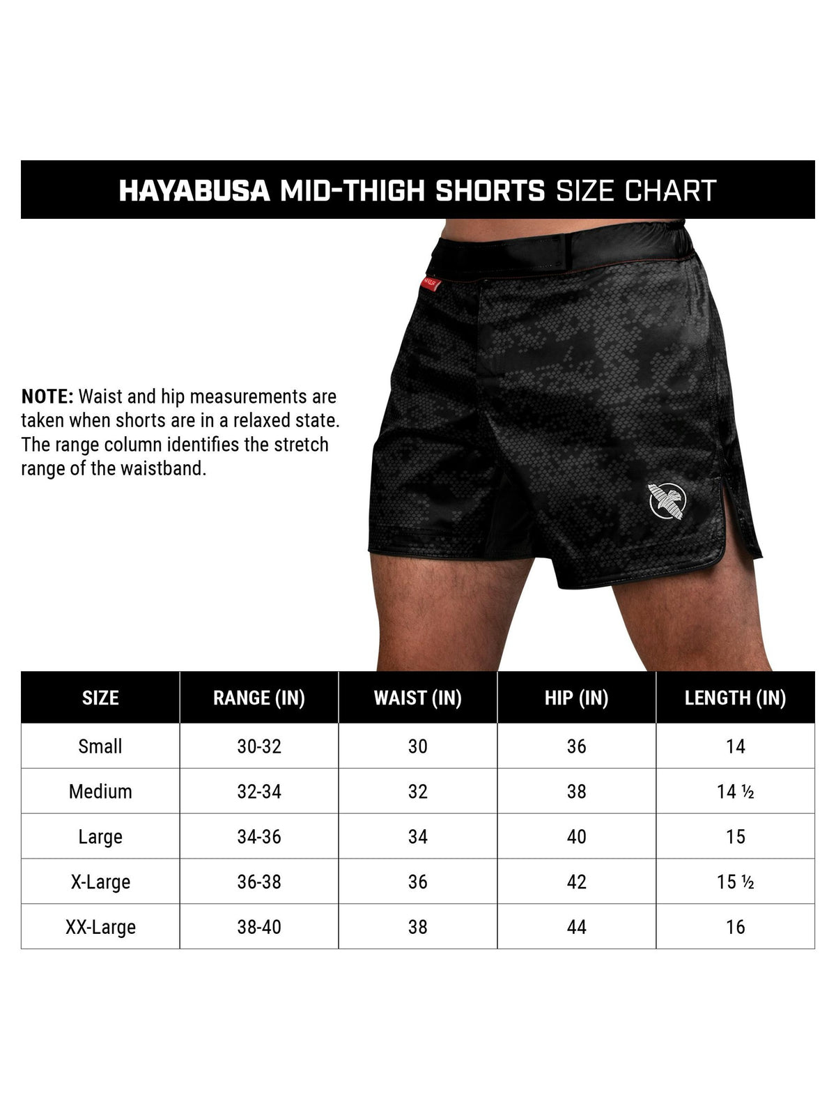 Hayabusa Hex Mid-Thigh MMA Shorts, size chart