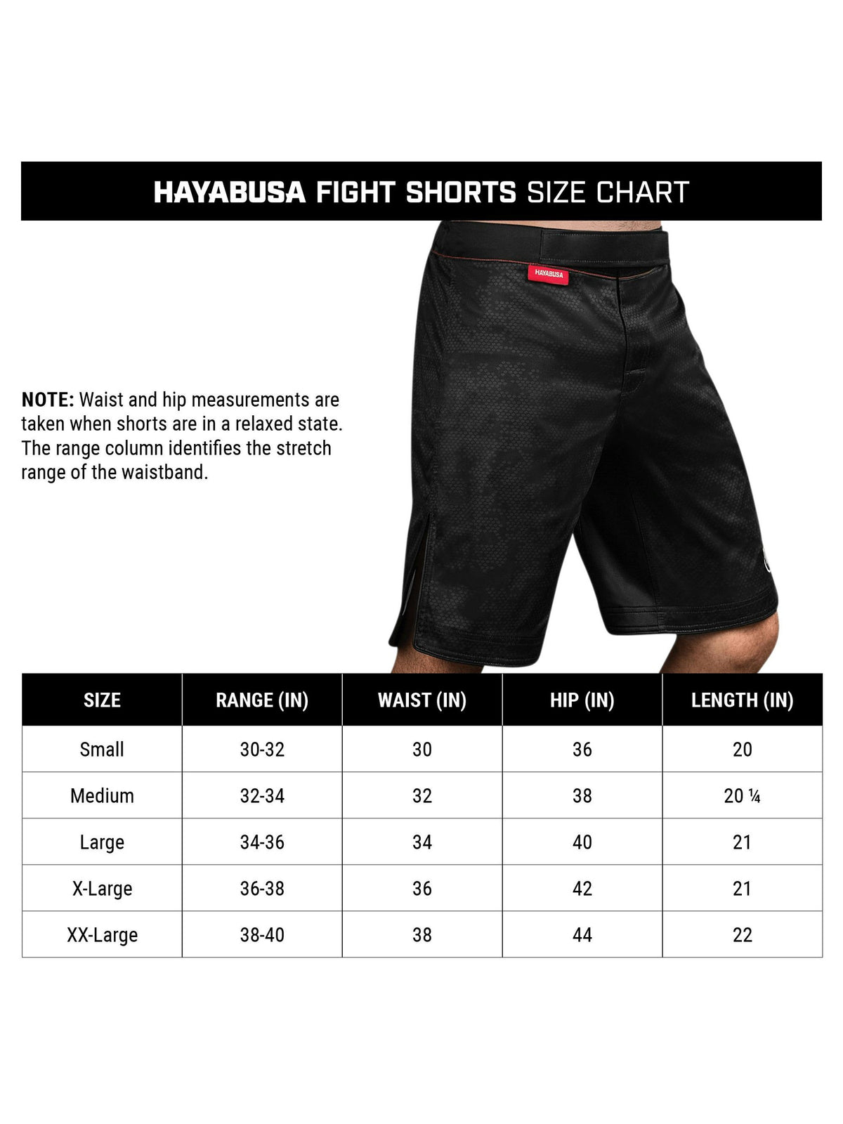 Hayabusa Hexagon MMA Shorts, size chart