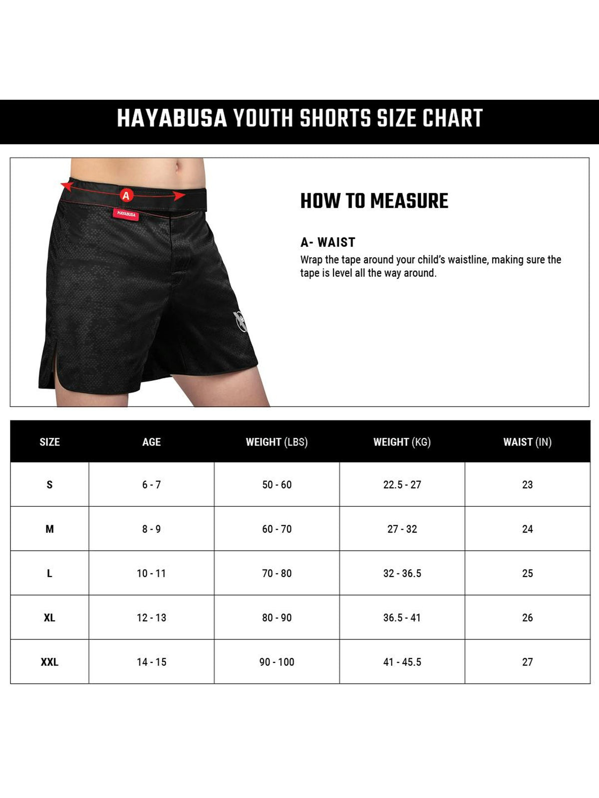 Hayabusa Hexagon Youth Fight Shorts, black, size chart