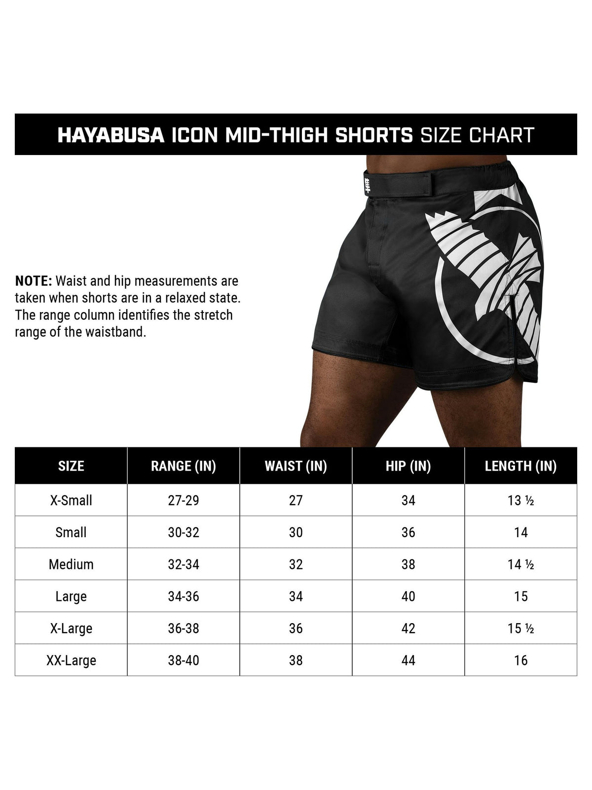 Hayabusa Icon Mid-Thigh MMA Shorts, size chart