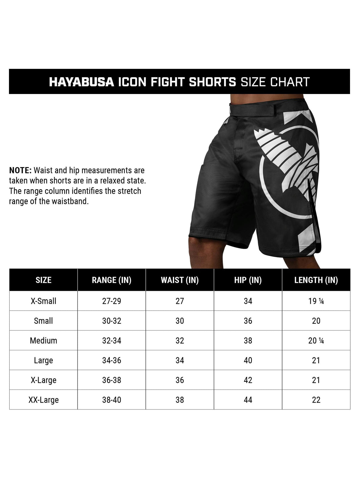 Hayabusa Icon MMA Shorts, size chart