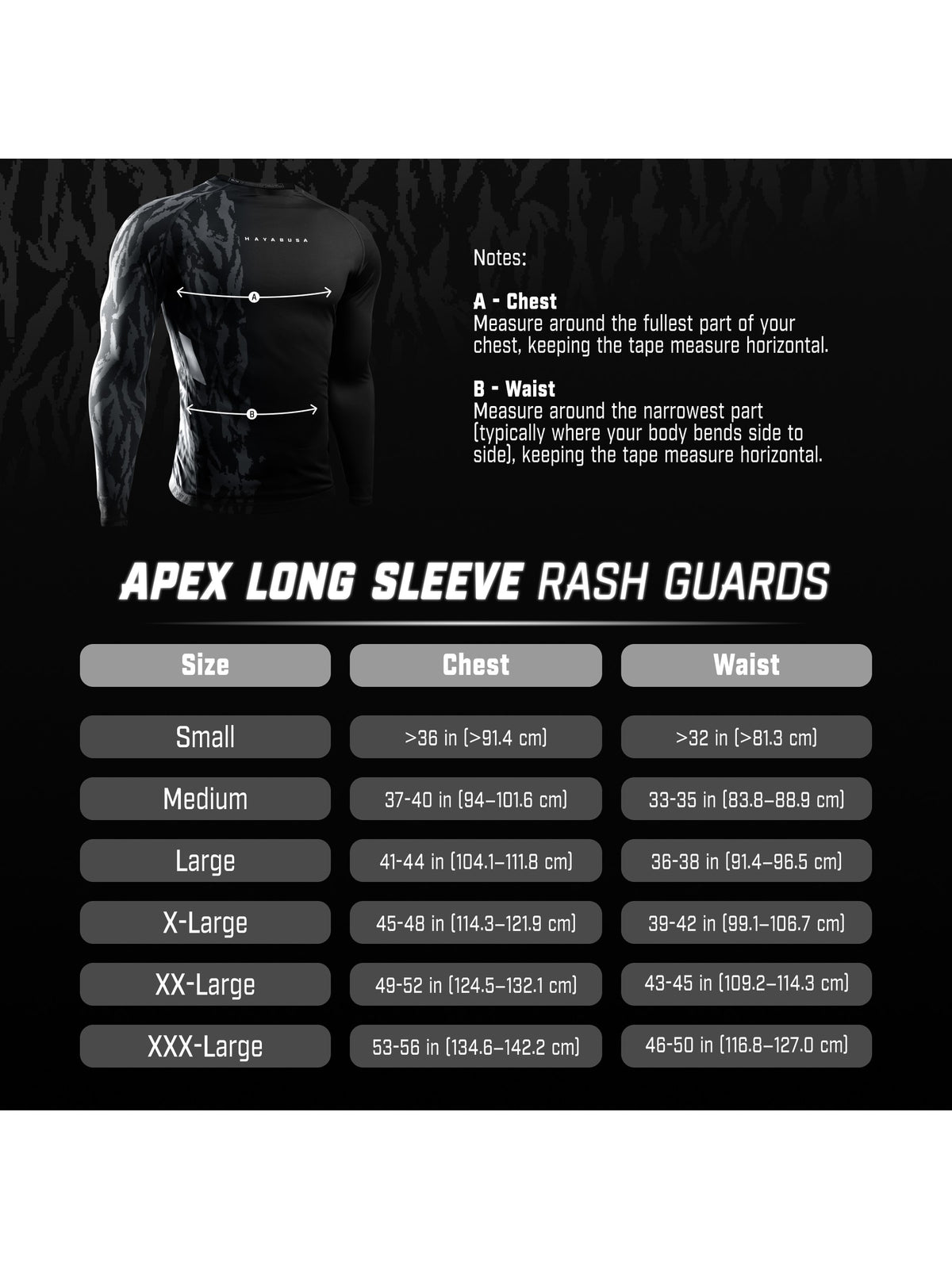 Hayabusa Men's Apex Long Sleeve Rash Guard, size chart