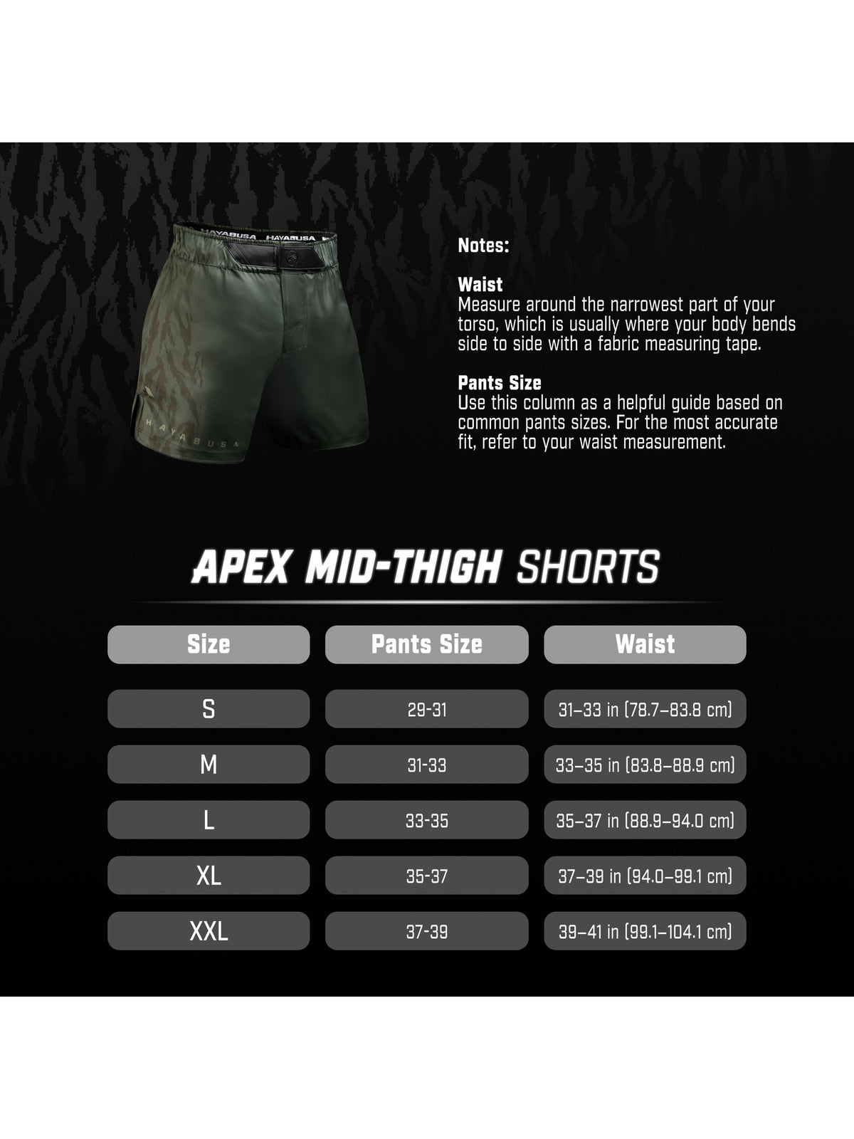 Hayabusa Men's Apex Mid-Thigh Fight Shorts, size chart