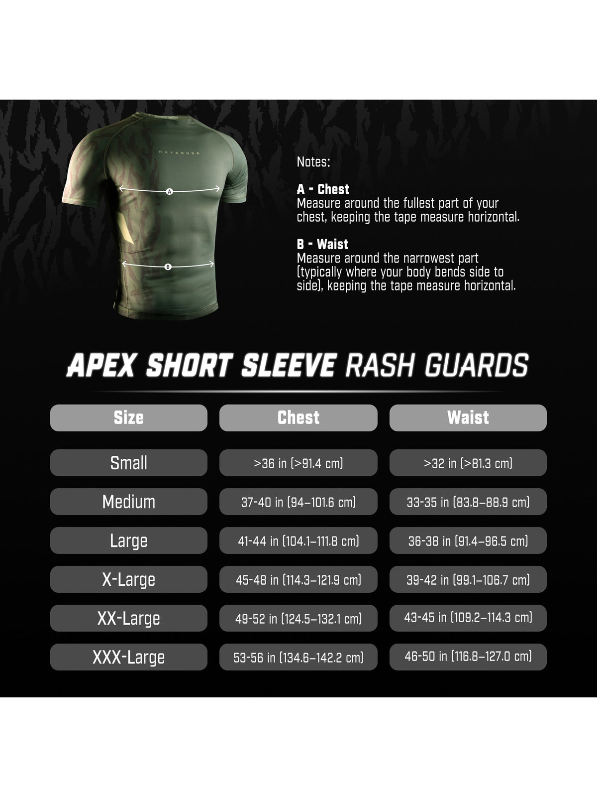 Hayabusa Men's Apex Short Sleeve Rash Guard, size chart