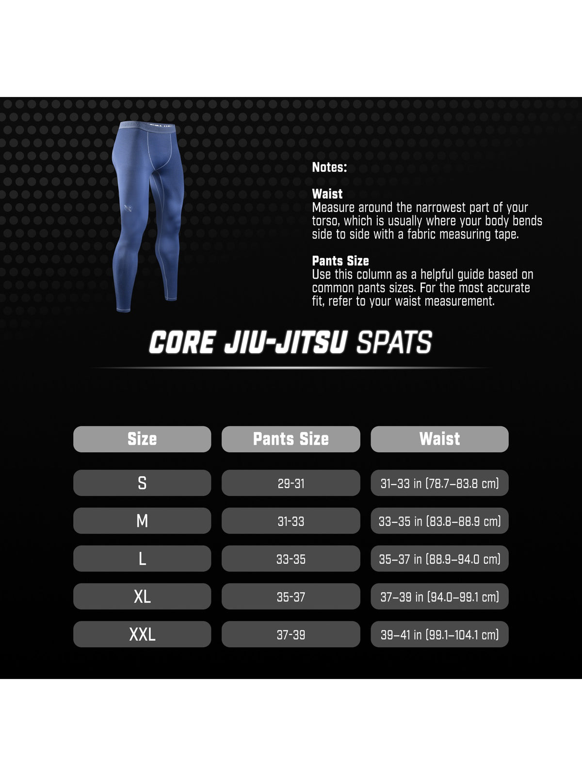 Hayabusa Men's Core Jiu-Jitsu Spats, size chart