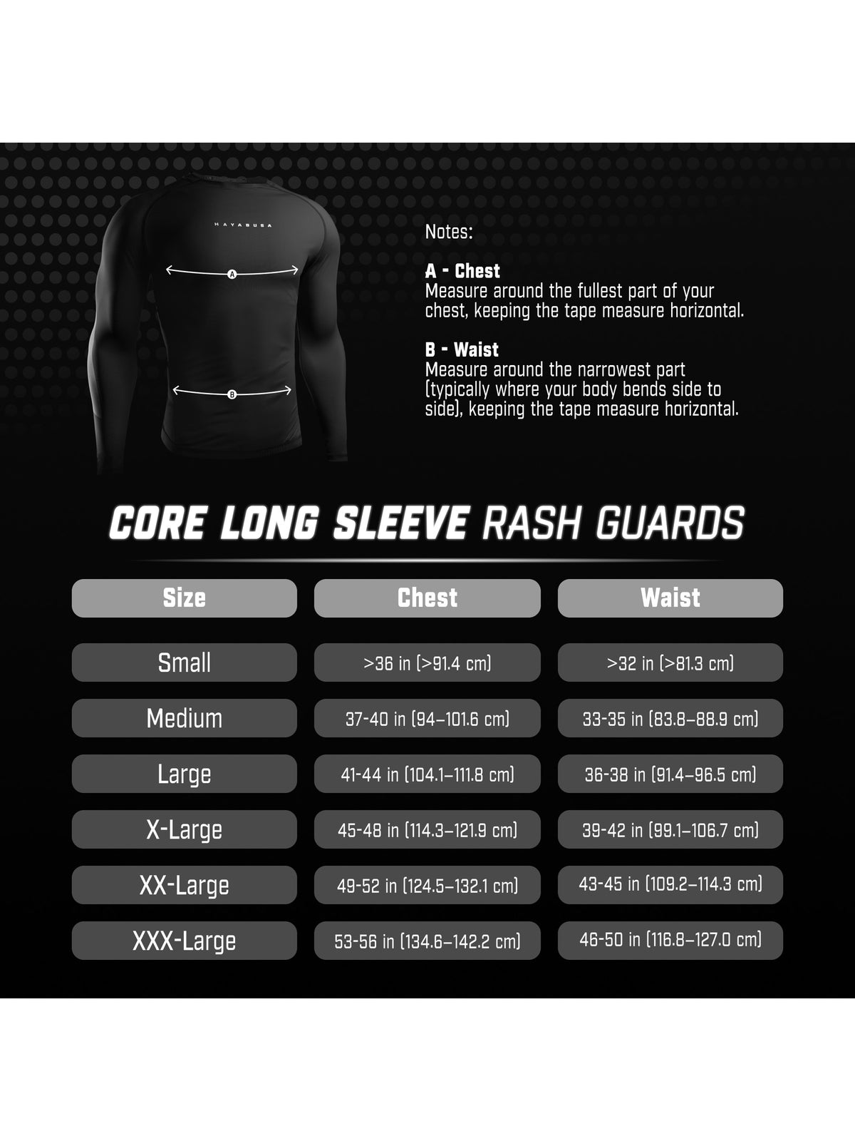 Hayabusa Men's Core Long Sleeve Rash Guard, size chart