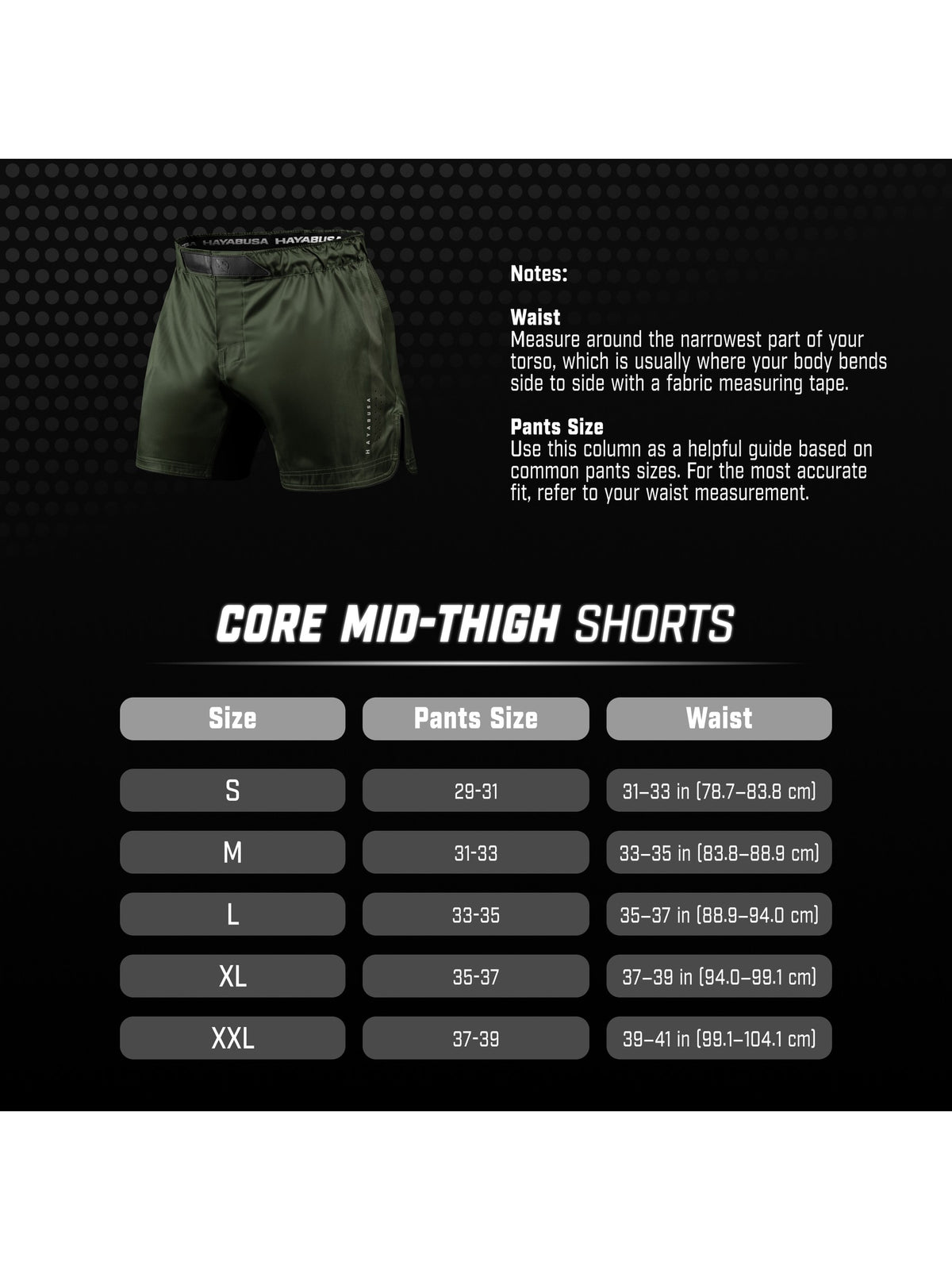 Hayabusa Men's Core Mid-Thigh Fight Shorts, size chart
