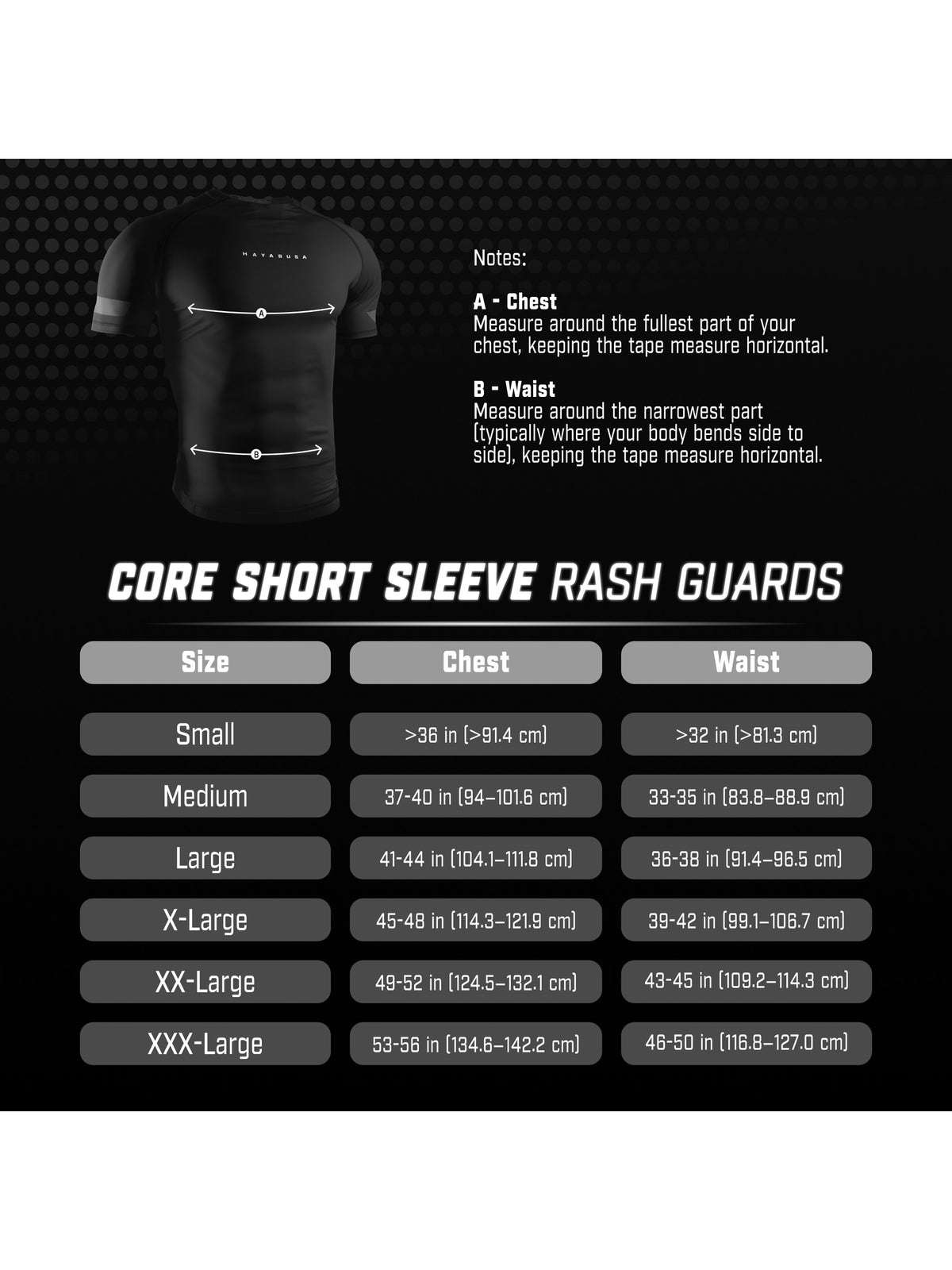 Hayabusa Men's Core Short Sleeve Rash Guard, size chart