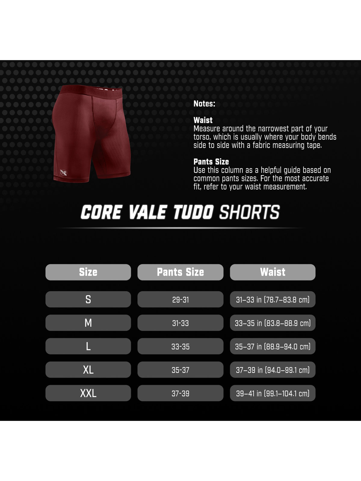 Hayabusa Men's Core Vale Tudo Shorts, size chart