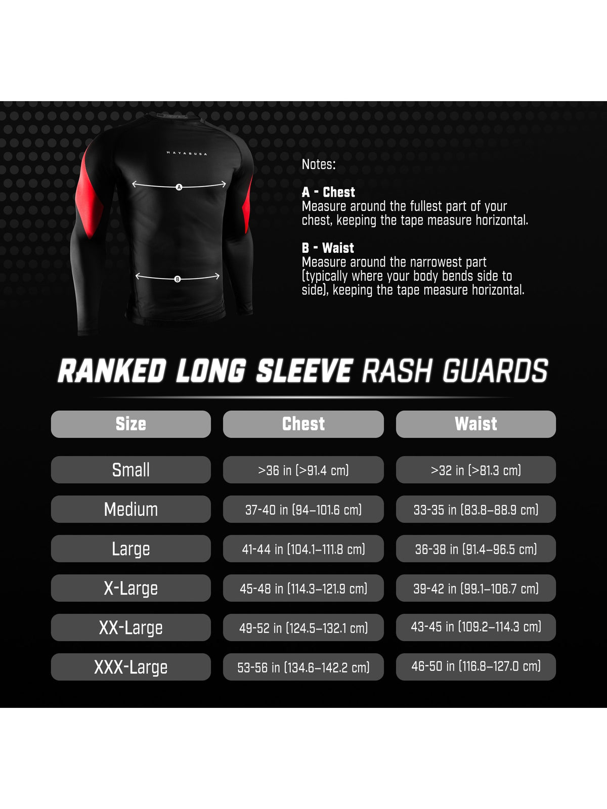Hayabusa Men's Pro Ranked Long Sleeve Rash Guard, size chart