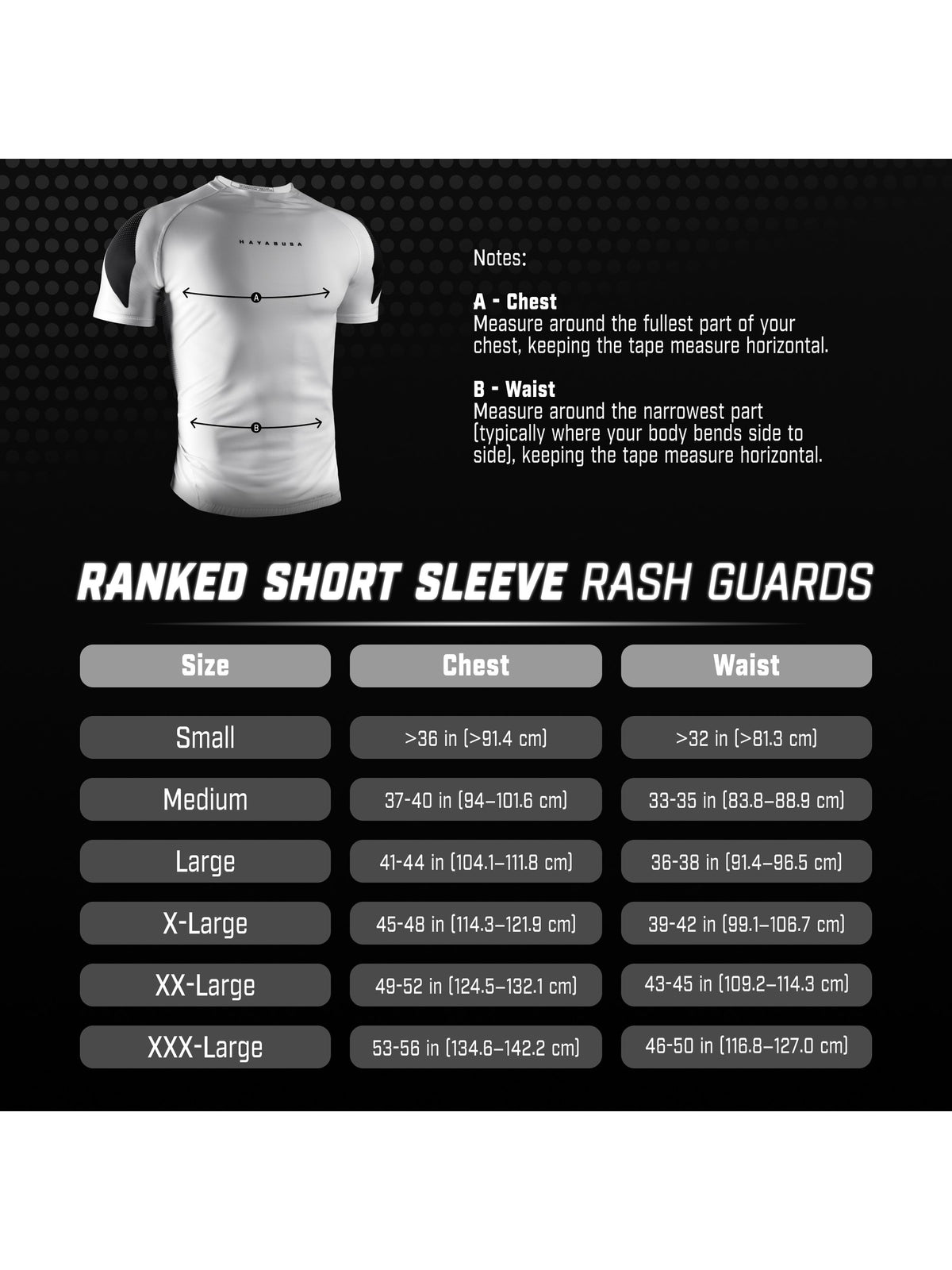 Hayabusa Men's Pro Ranked Short Sleeve Rash Guard, size chart