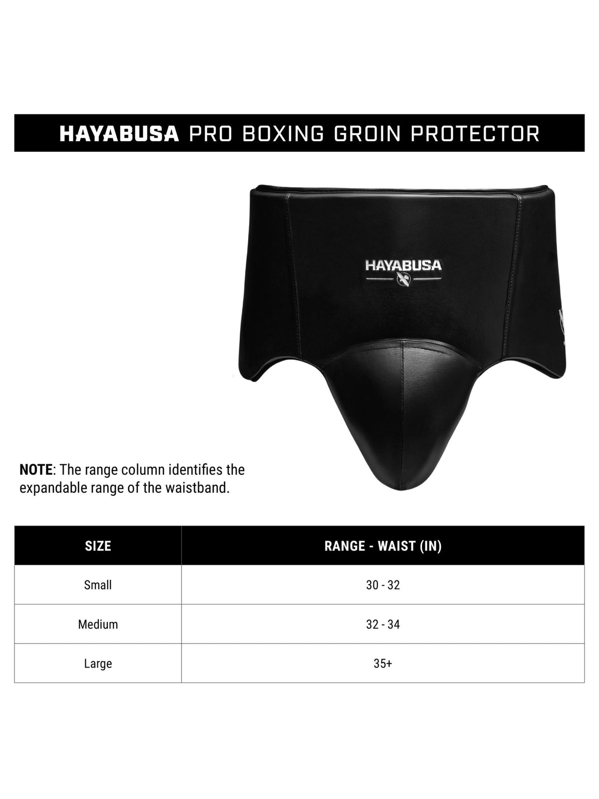 Hayabusa Pro Boxing Groin Protector, black, size chart