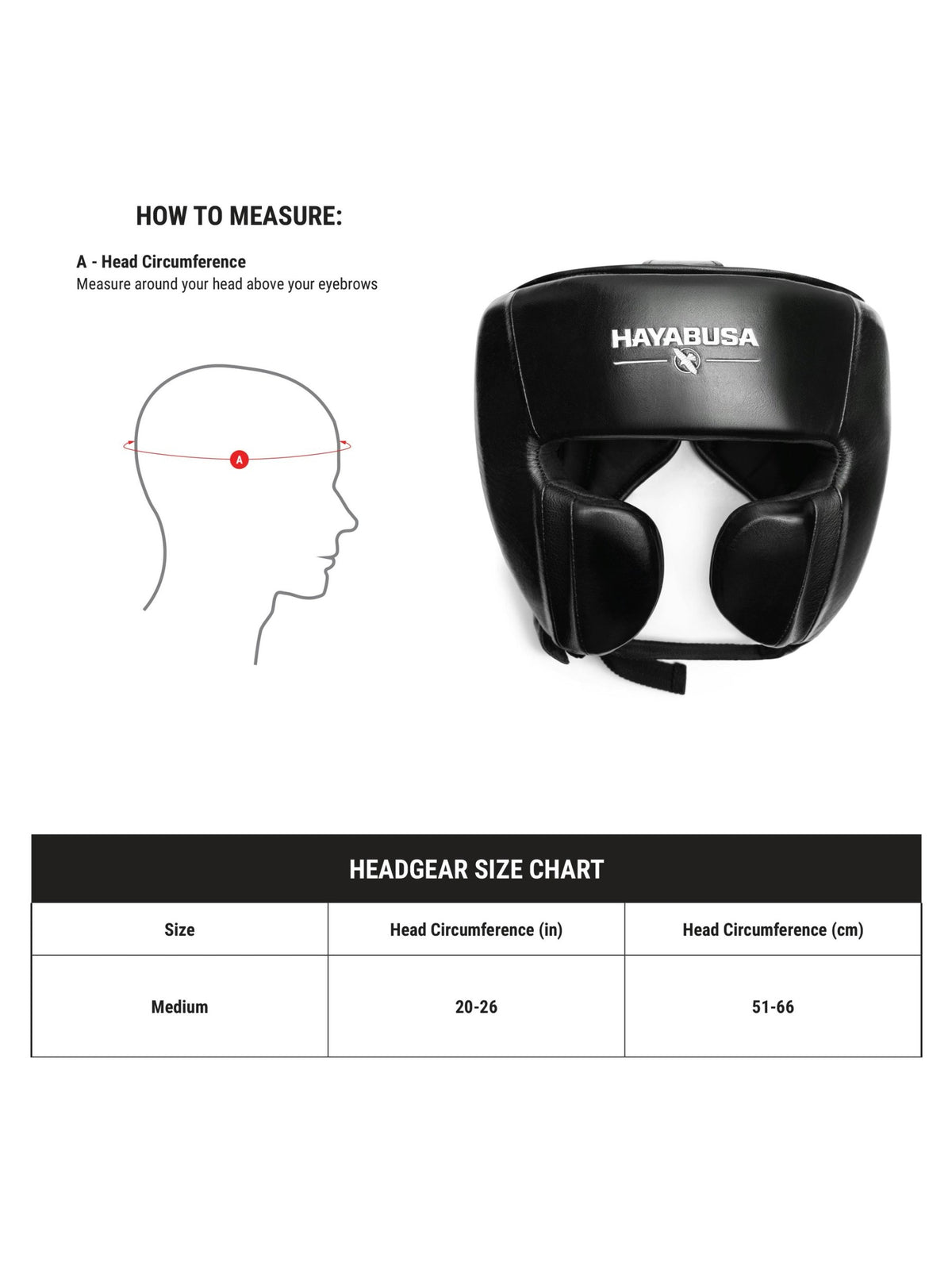 Hayabusa Pro Boxing Headgear, black, size chart