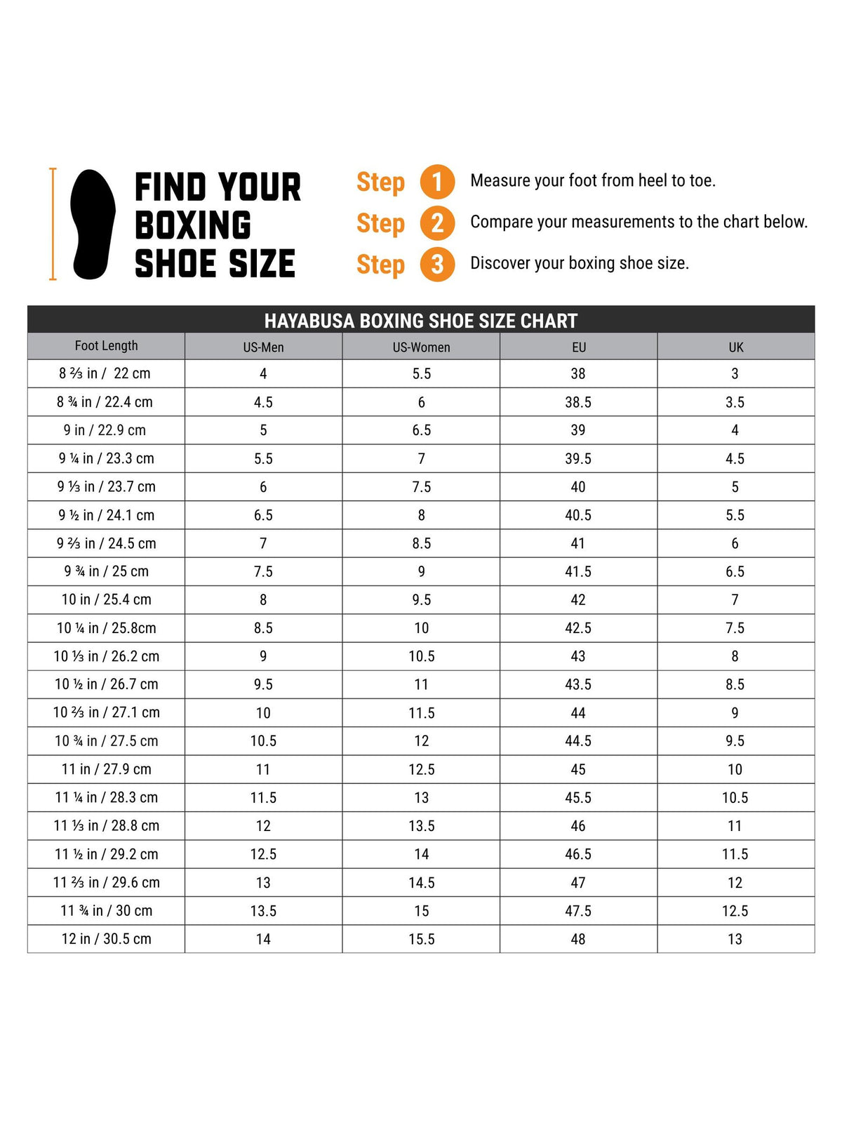 Hayabusa Pro Boxing Shoes, size chart
