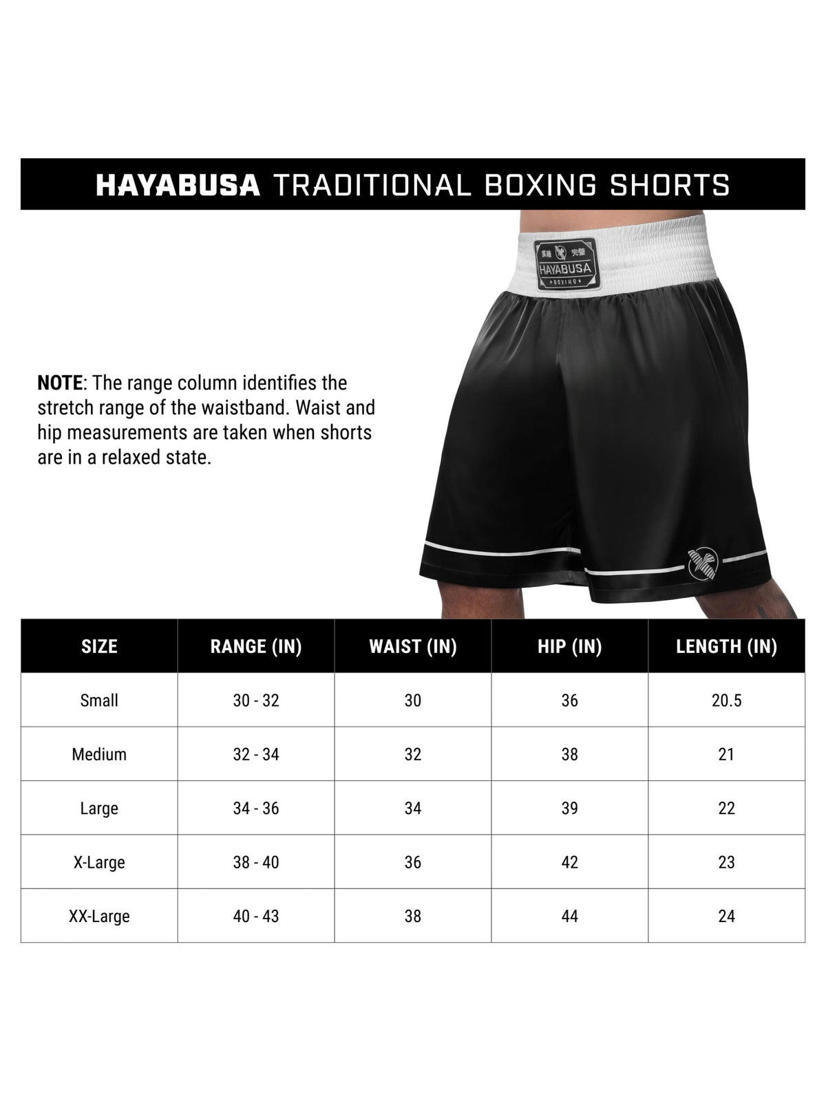 Hayabusa Pro Boxing Shorts, size chart