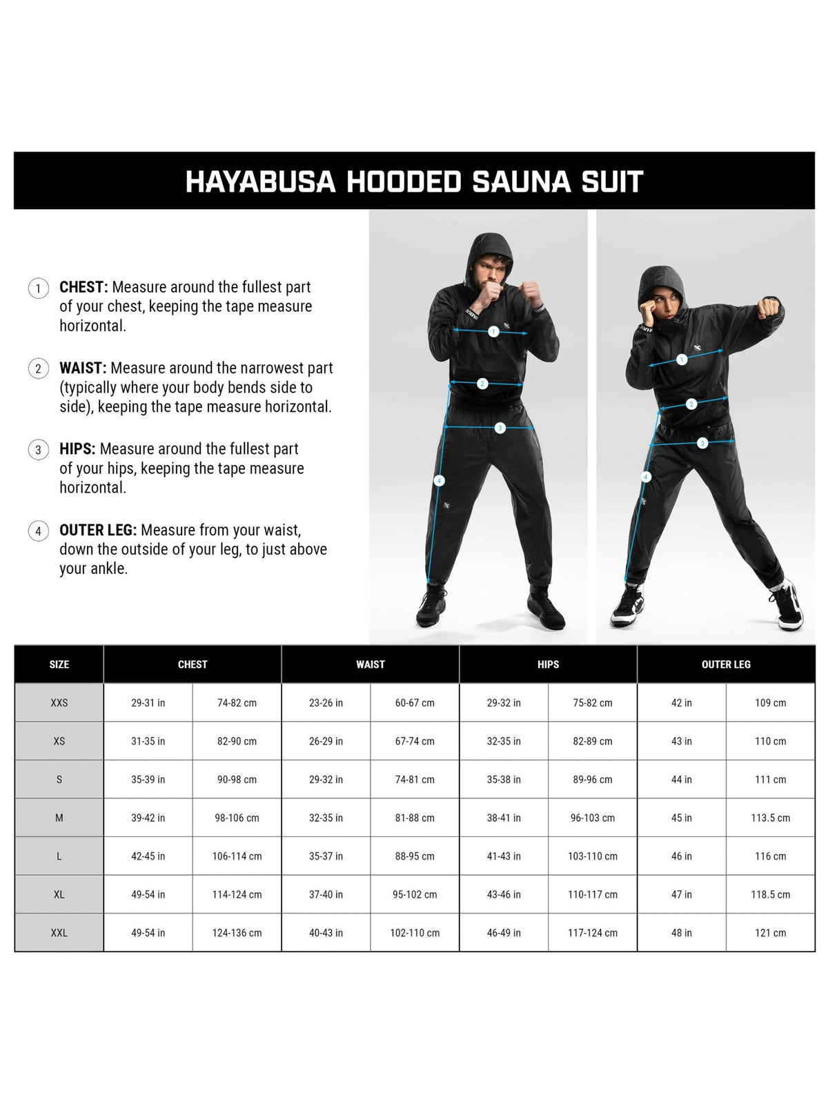 Hayabusa Pro Hooded Sauna Suit, black, size chart
