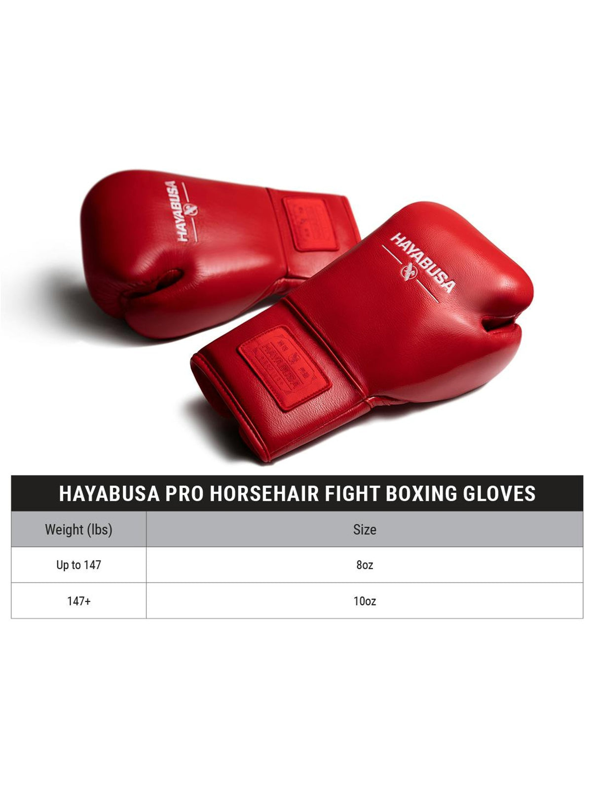 Hayabusa Pro Horsehair Fight Boxing Gloves, size chart