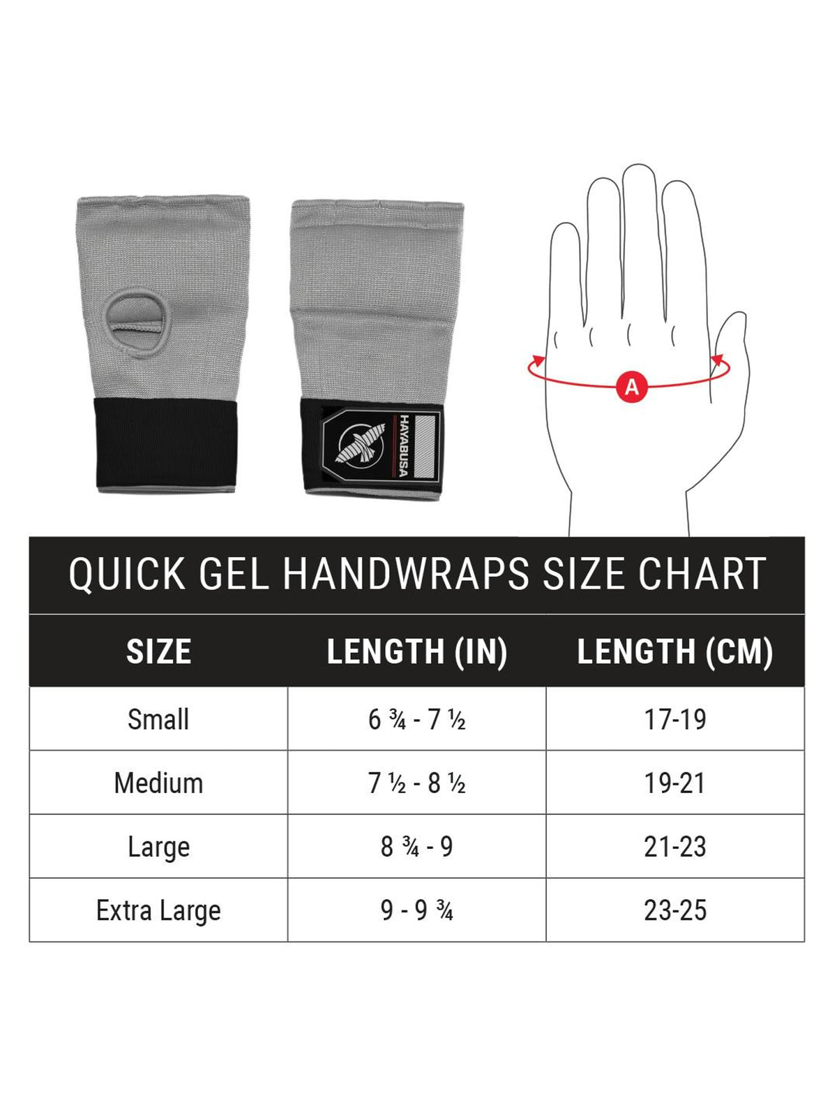 Hayabusa Quick Gel Hand Wraps, size chart