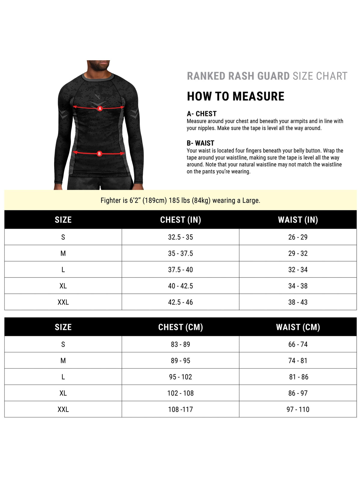 Hayabusa Ranked Long Sleeve Rash Guard, size chart