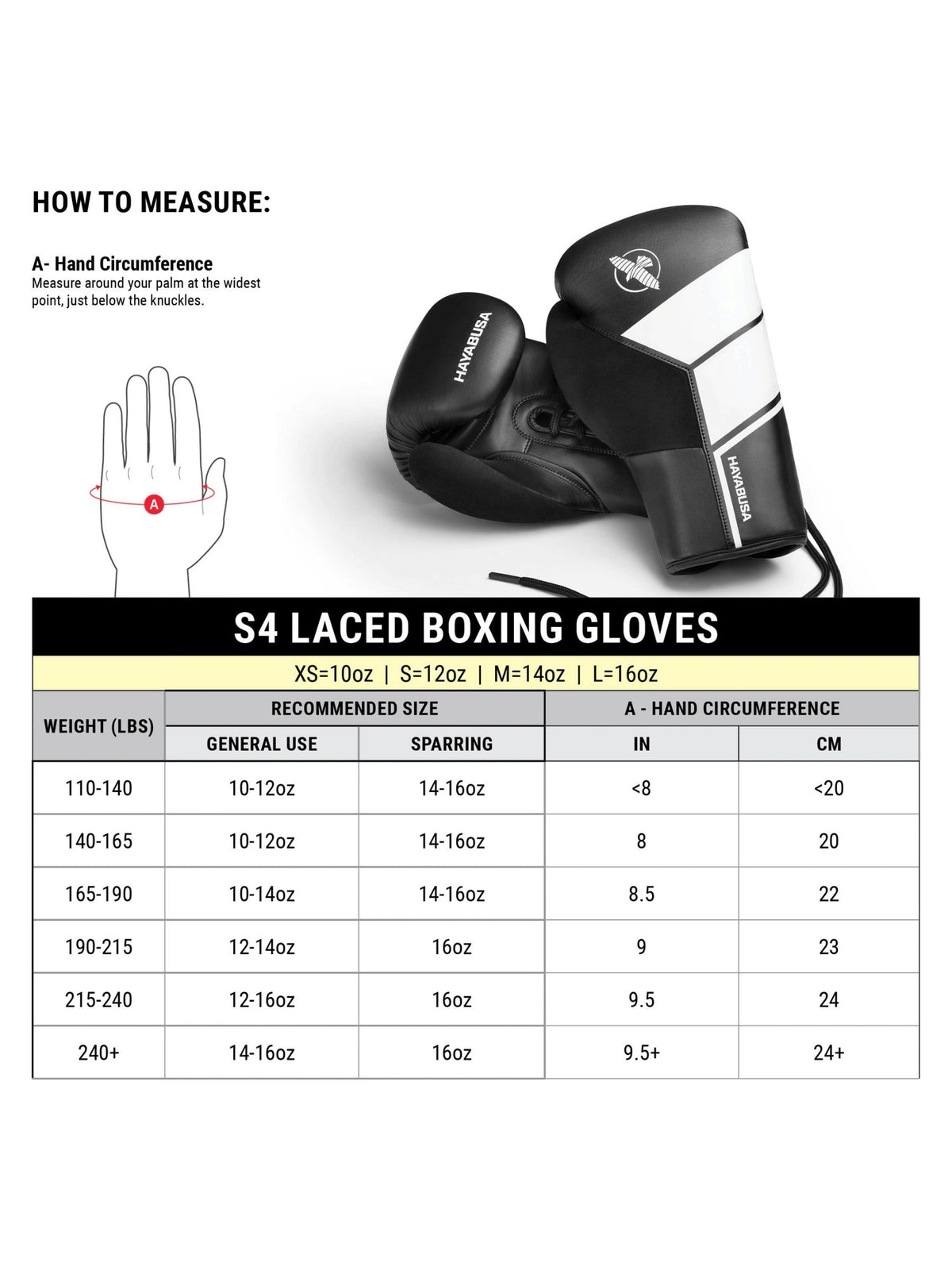 Hayabusa S4 Lace Up Boxing Gloves, black, size chart