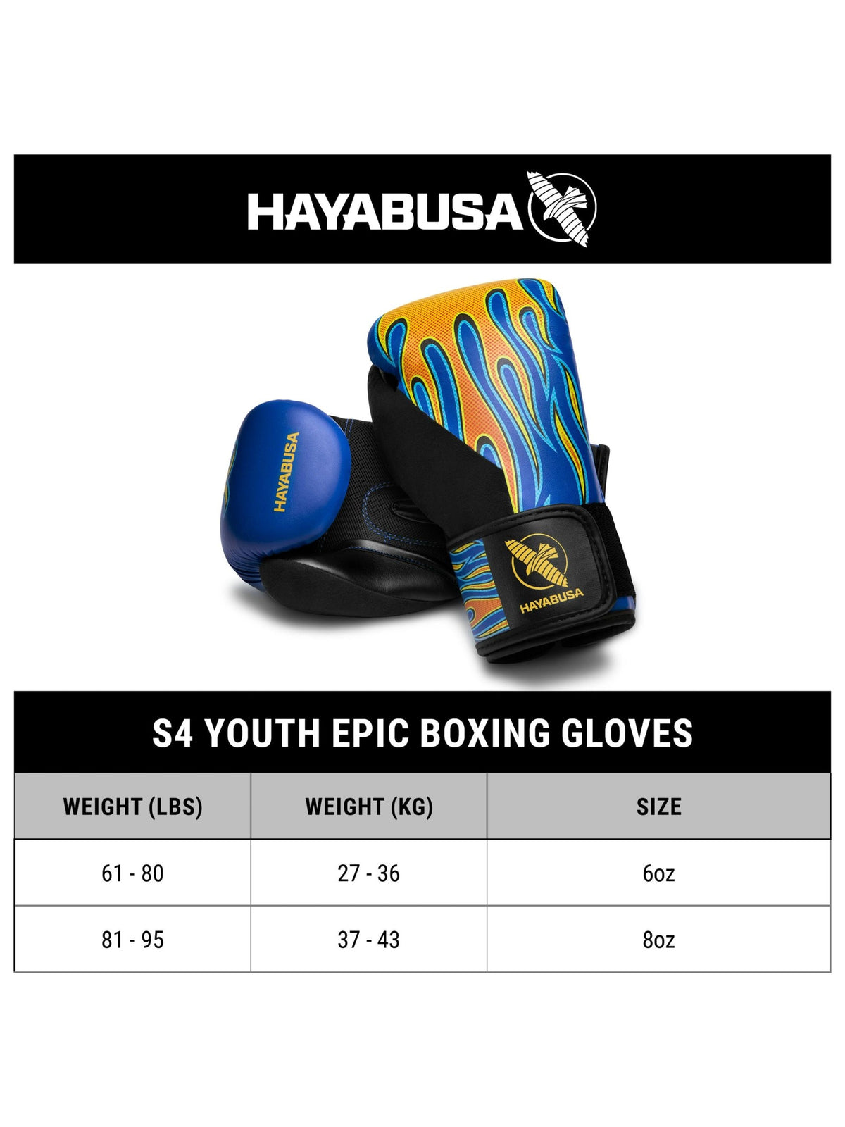 Hayabusa S4 Youth Epic Boxing Gloves, size chart