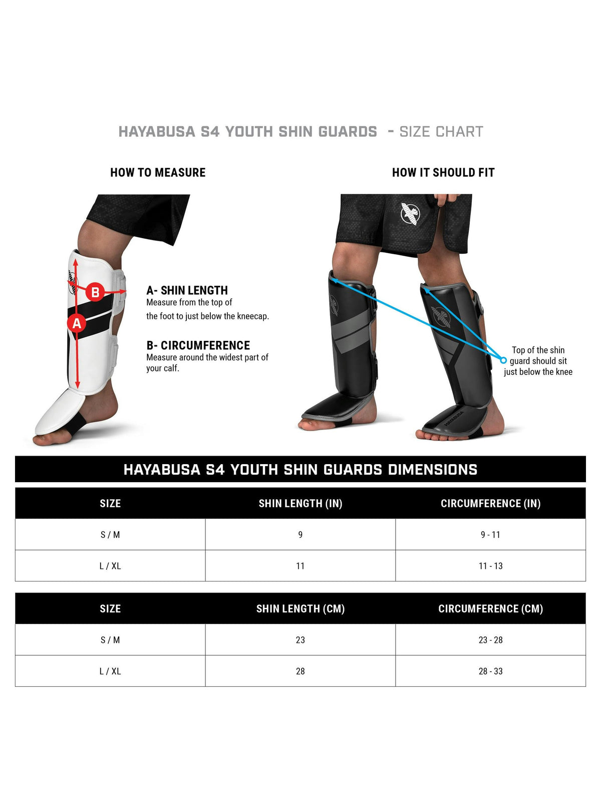 Hayabusa S4 Youth Shin Guards, size chart