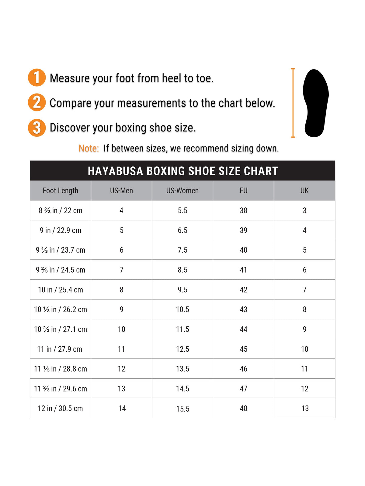 Hayabusa Strike Boxing Shoes, size chart