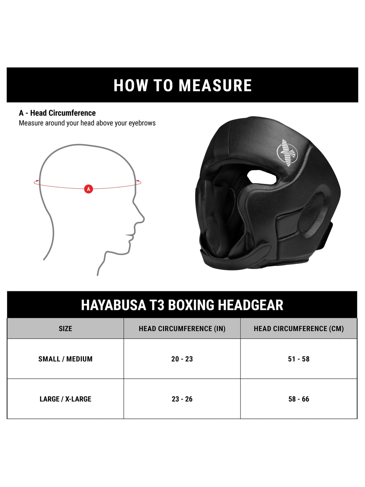 Hayabusa T3 Boxing Headgear, size chart
