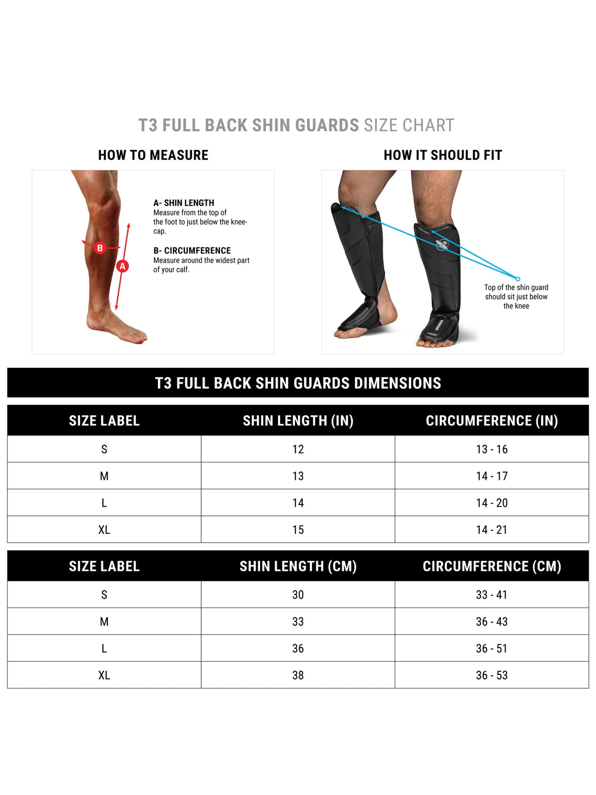 Hayabusa T3 Full Back Shin Guards, size chart
