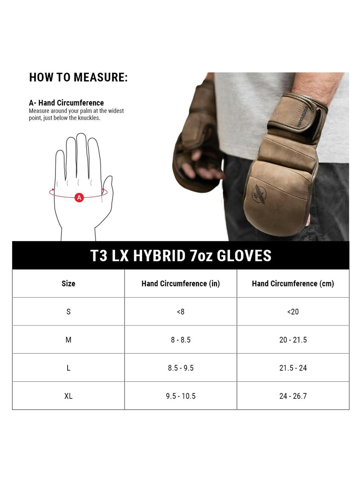 Hayabusa T3 LX 7oz Hybrid Gloves, vintage, size chart