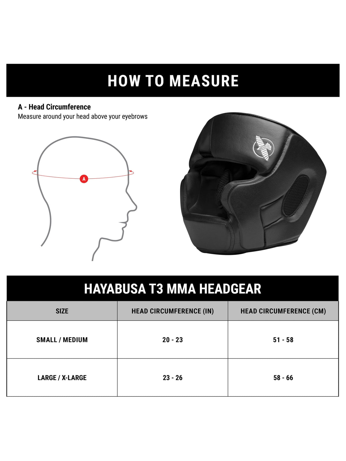 Hayabusa T3 MMA Headgear, size chart