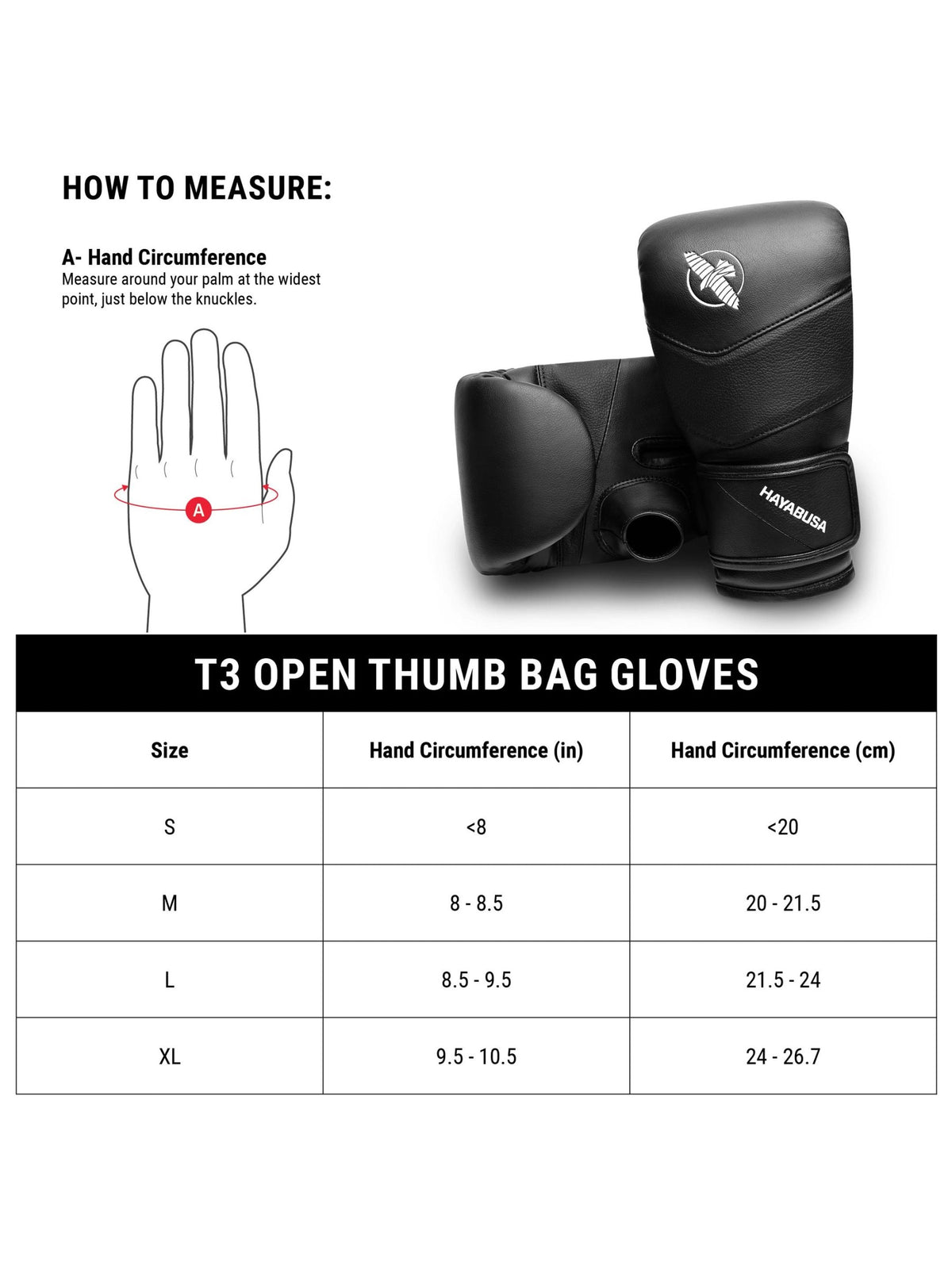 Hayabusa T3 Open Thumb Bag Gloves, black, size chart