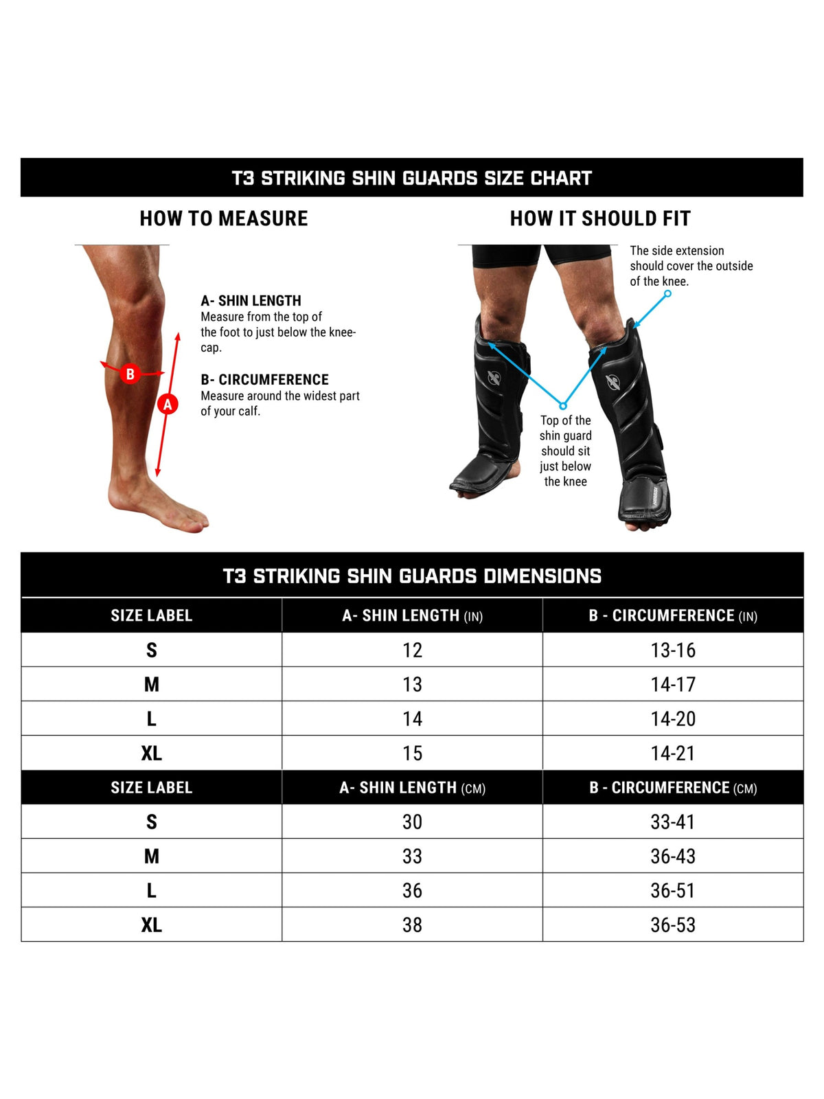 Hayabusa T3 Striking Shin Guards, size chart