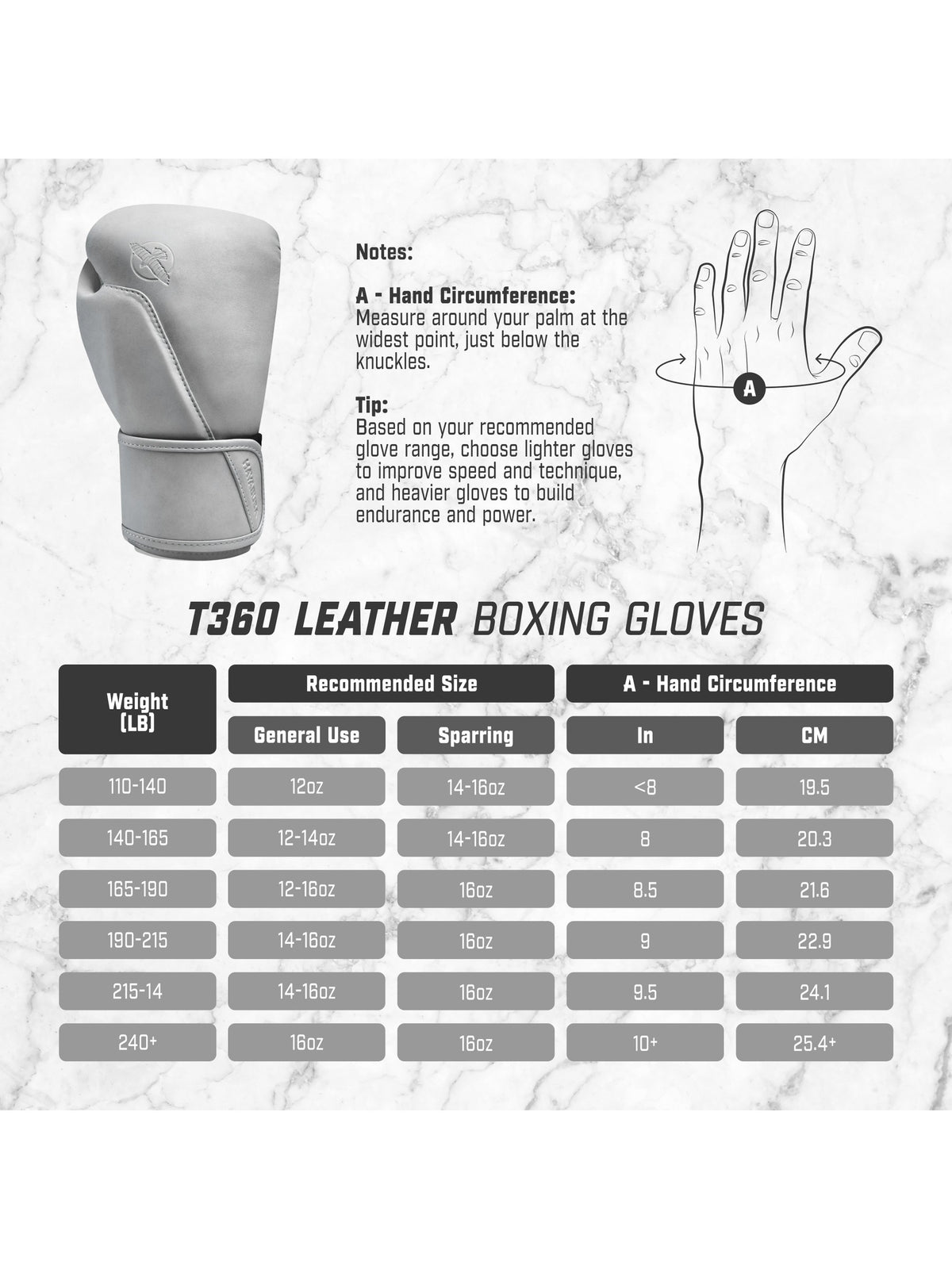 Hayabusa T360 Leather Boxing Gloves, size chart