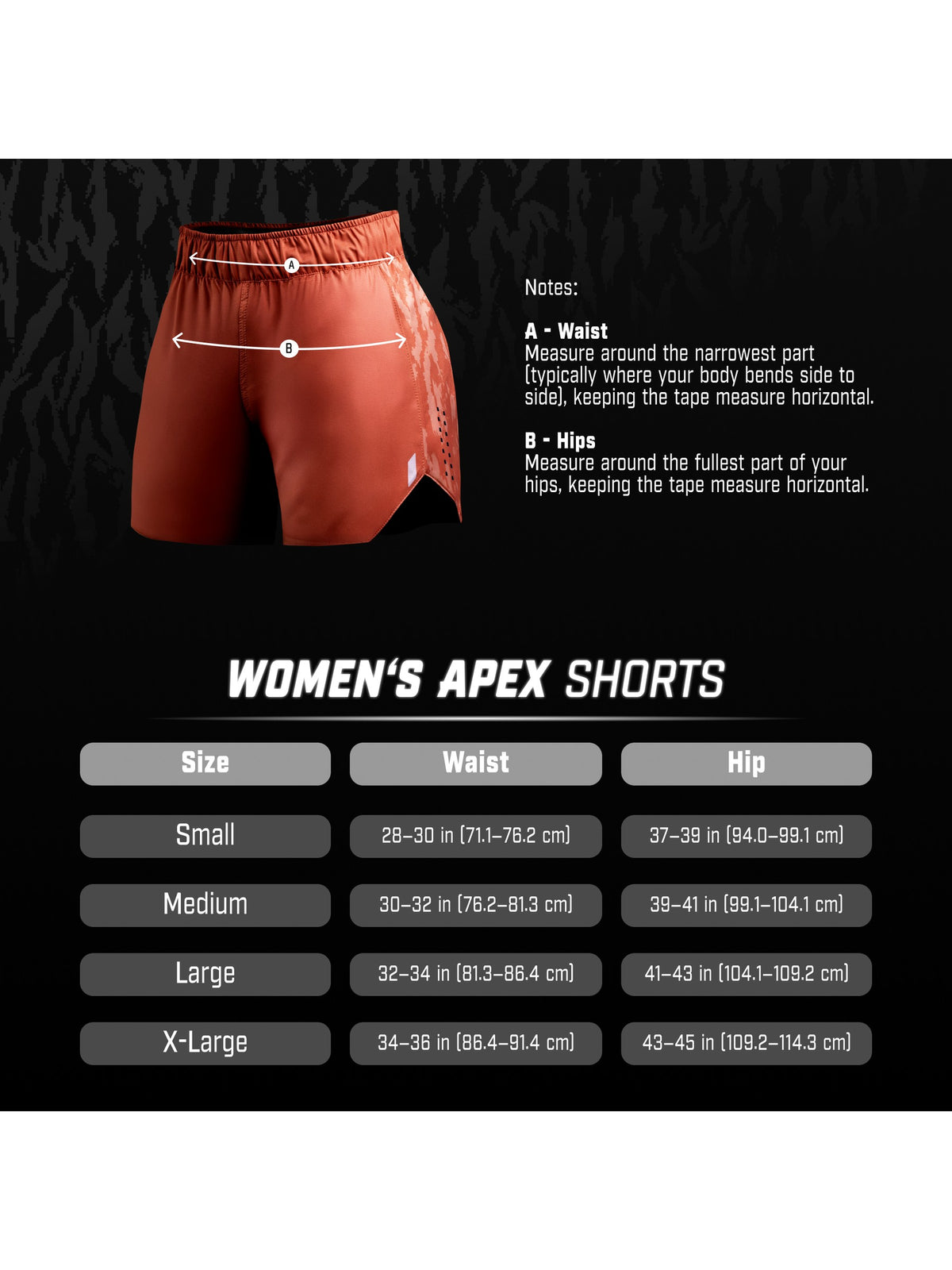 Hayabusa Women's Apex Fight Shorts, size chart