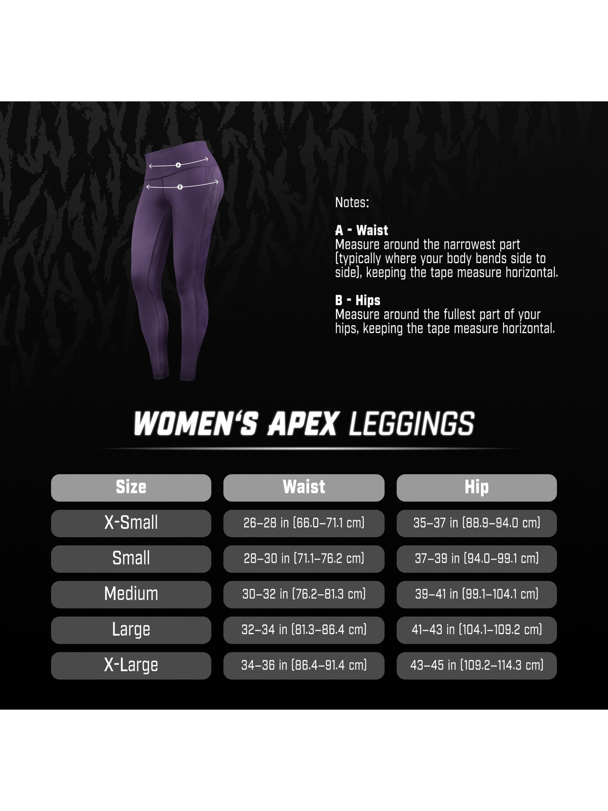 Hayabusa Women's Apex Leggings, size chart