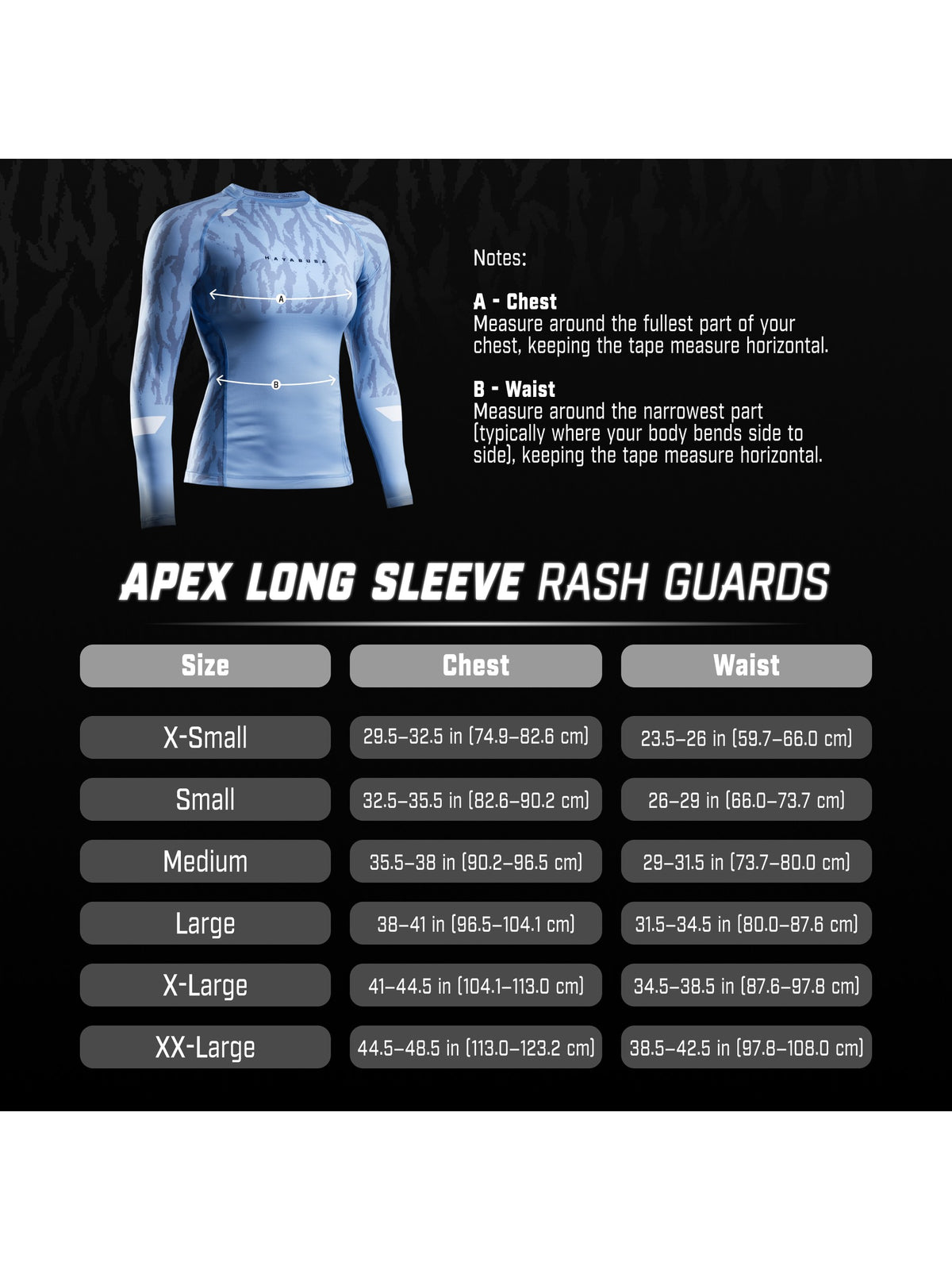 Hayabusa Women's Apex Long Sleeve Rash Guard, size chart