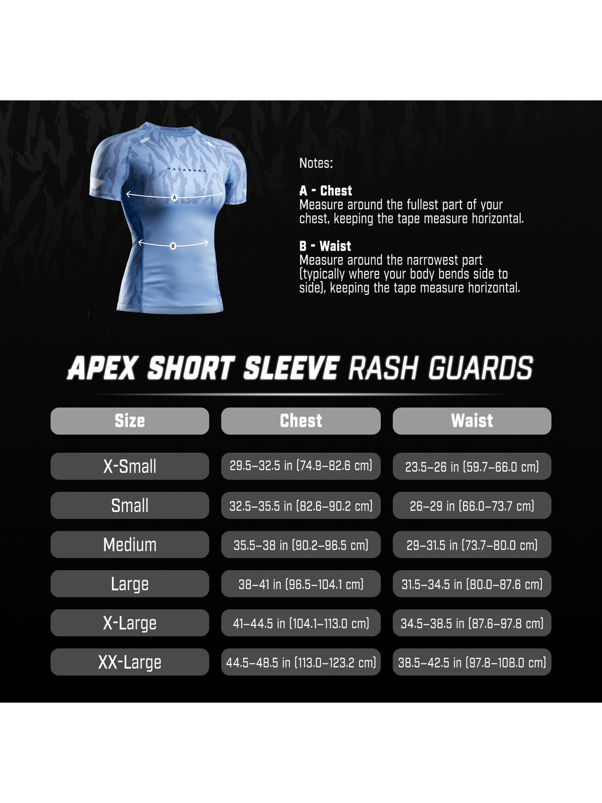 Hayabusa Women's Apex Short Sleeve Rash Guard, size chart