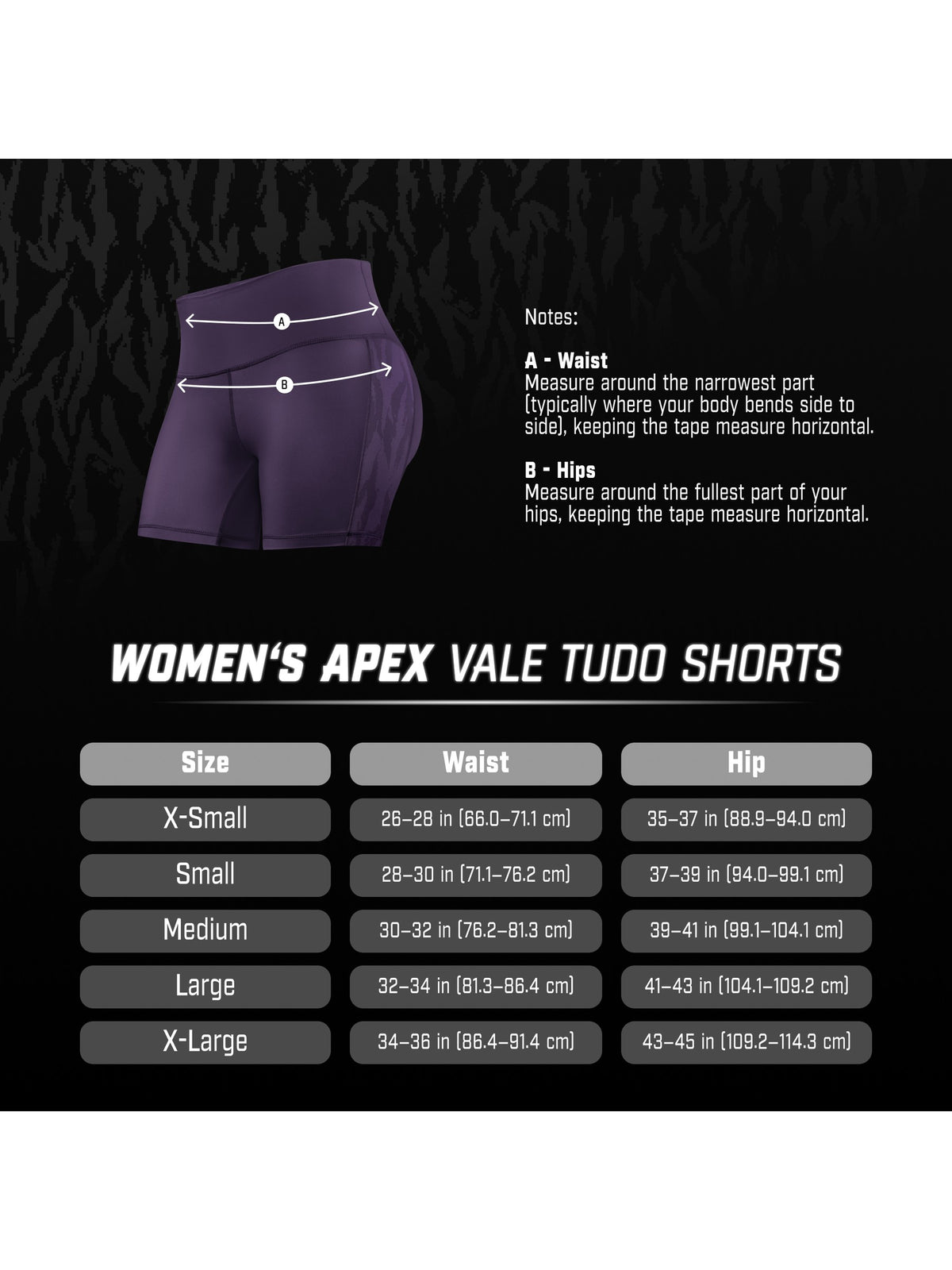 Hayabusa Women's Apex Vale Tudo Shorts, size chart