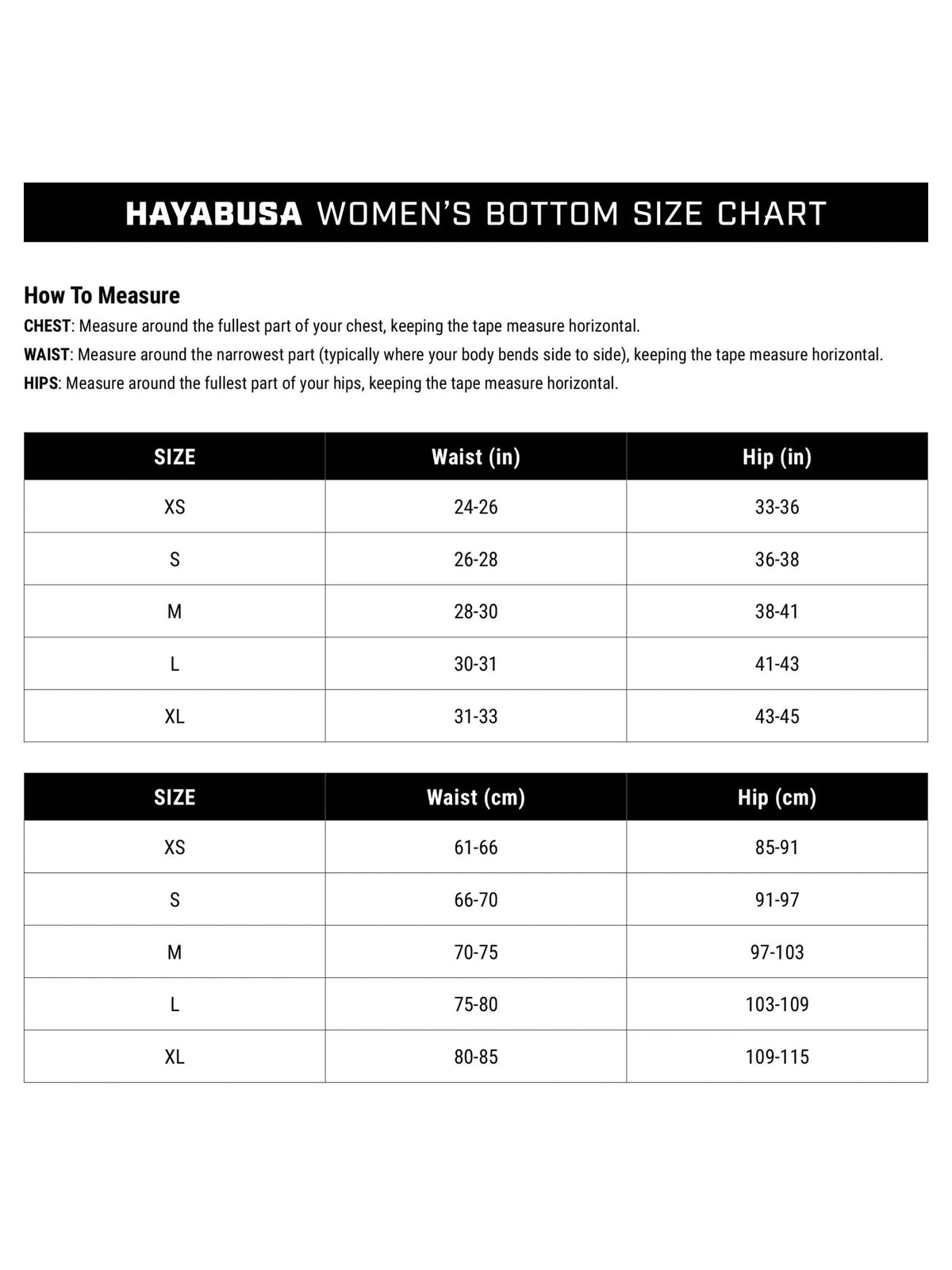 Hayabusa Women's Quilted Training Shorts, size chart