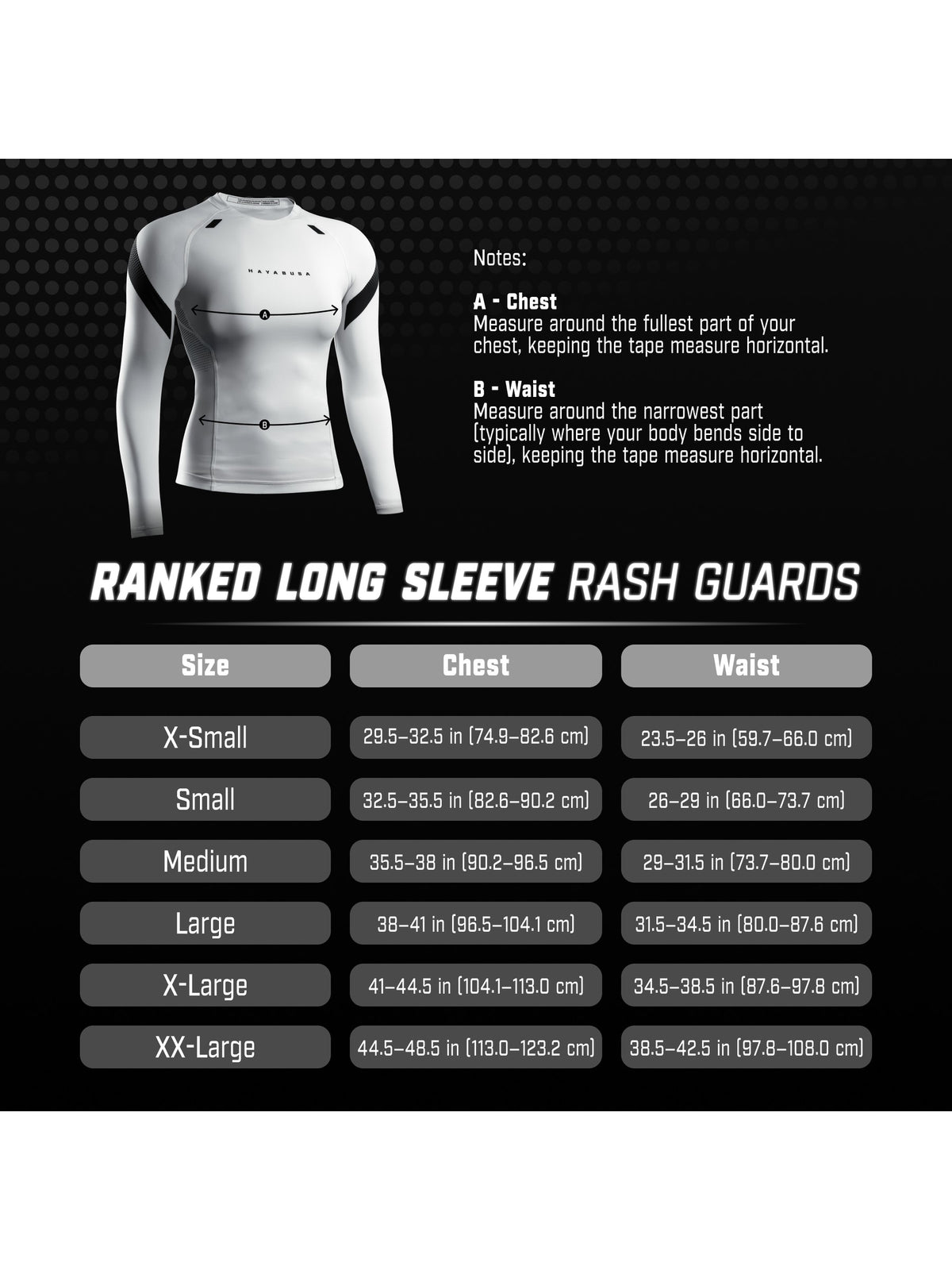 Hayabusa Women's Pro Ranked Long Sleeve Rash Guard, size chart