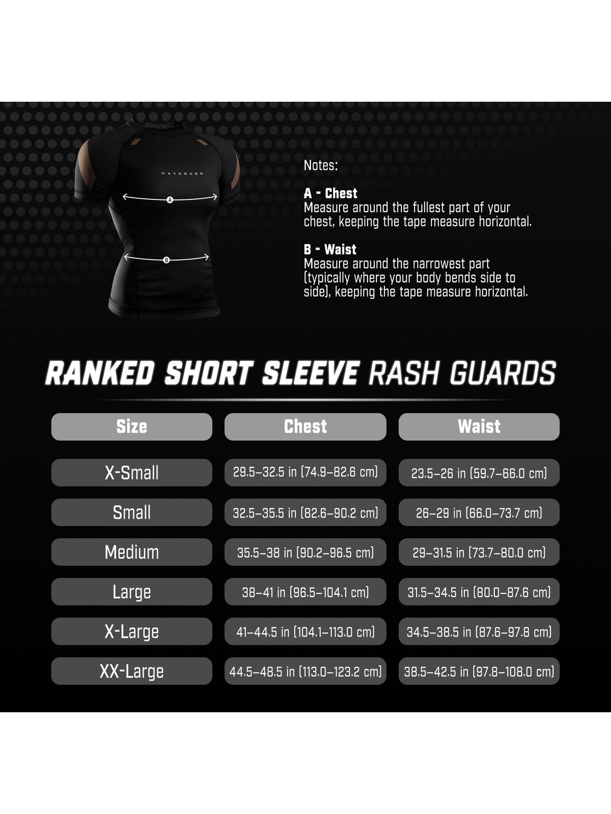 Hayabusa Women's Pro Ranked Short Sleeve Rash Guard, size chart