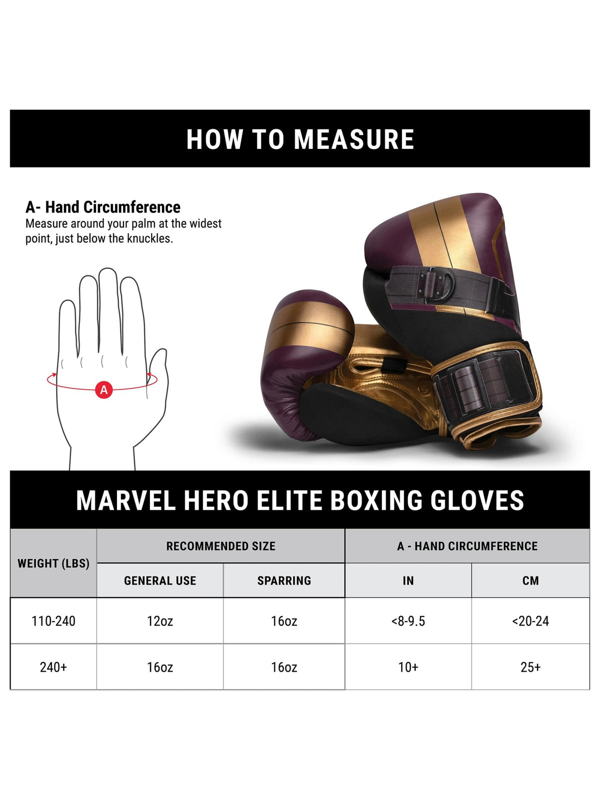 Marvel's Batroc Boxing Gloves, purple/gold, size chart